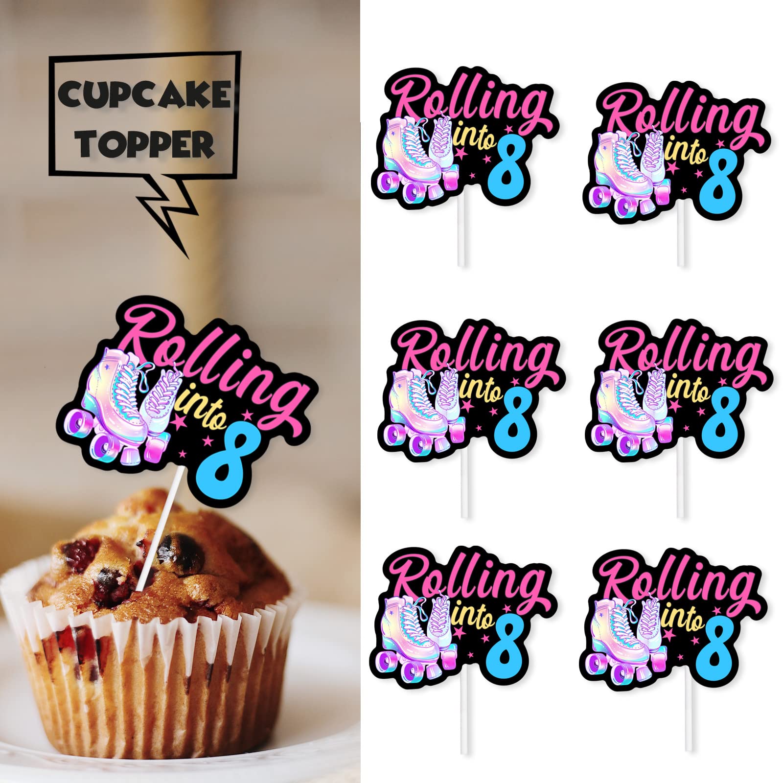 18pcs Black Glitter Pink Roller Skates Dessert Cupcake Topper 80s 90s Retro Hip Hop Roller Skating Rolling into 8 Theme Decor Supplies Boy Girl 8th
