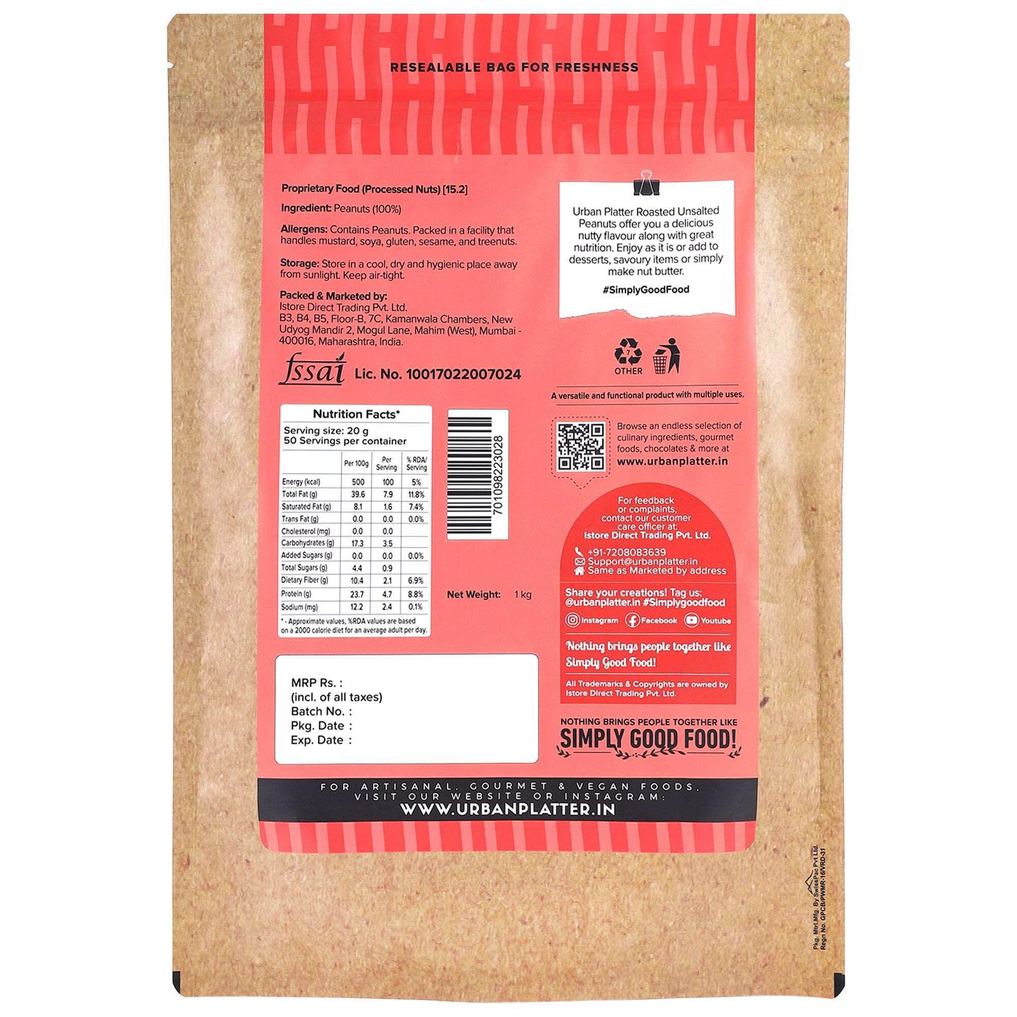 Urban Platter Roasted Unsalted Peanuts, 900g [Grade A Peanuts, Skin Removed]