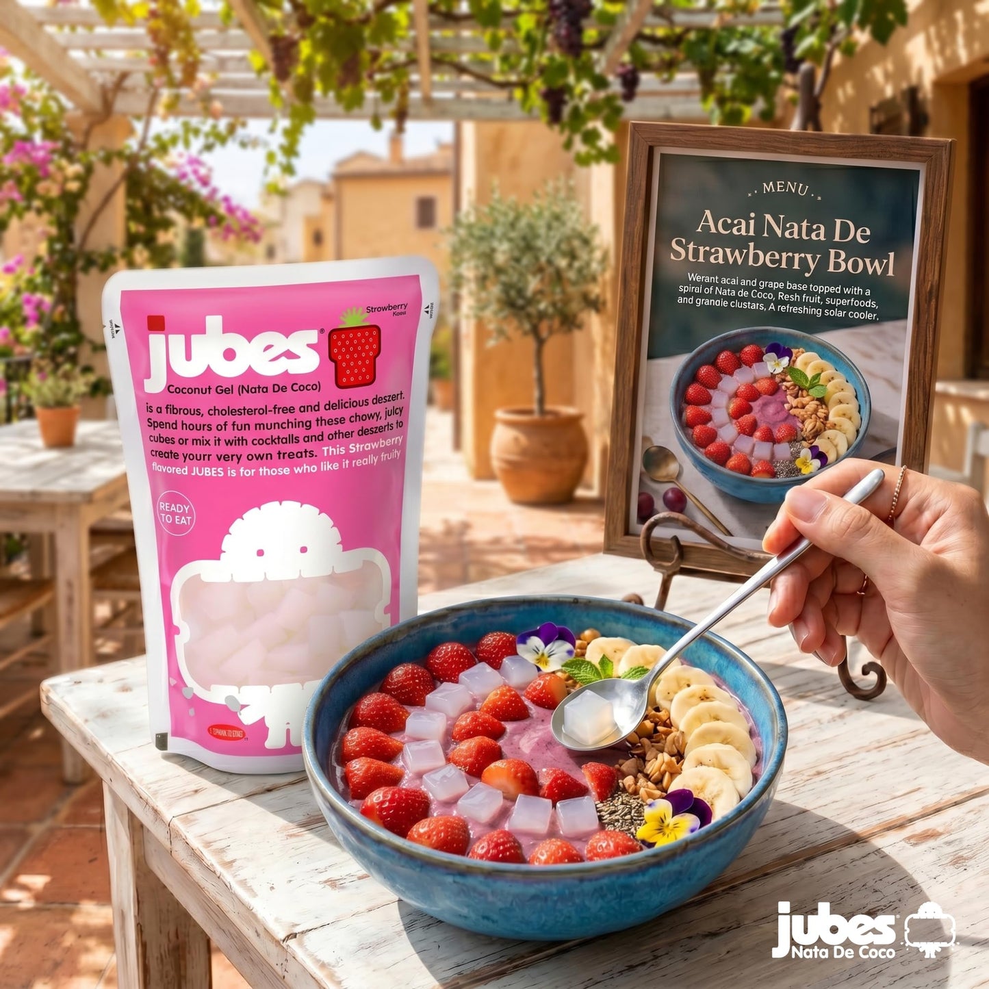 Jubes Strawberry Nata De Coco Jelly Cubes (12.7 oz, Pack of 3) - Strawberry Coconut Jelly Cubes for Sago - Coconut Gel in Syrup Toppings for Fruit