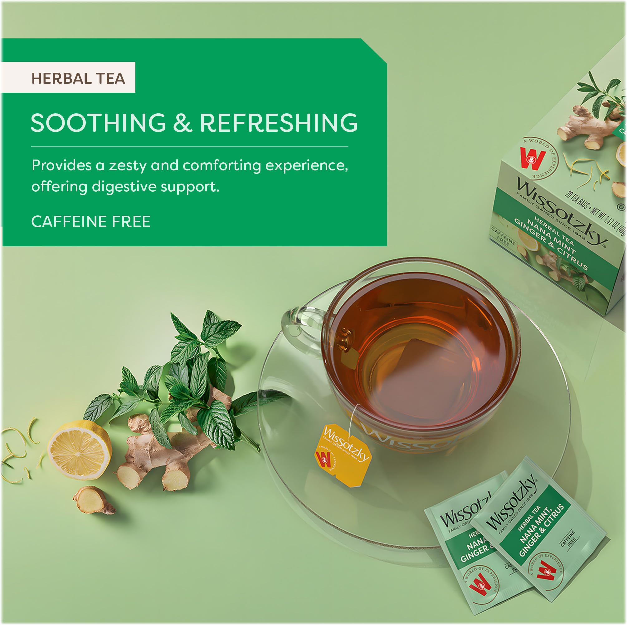 Wissotzky Nana Mint Ginger & Citrus Herbal Tea, 20 Tea Bags | Zesty Blend | Caffeine Free Tea | Digestive Support
