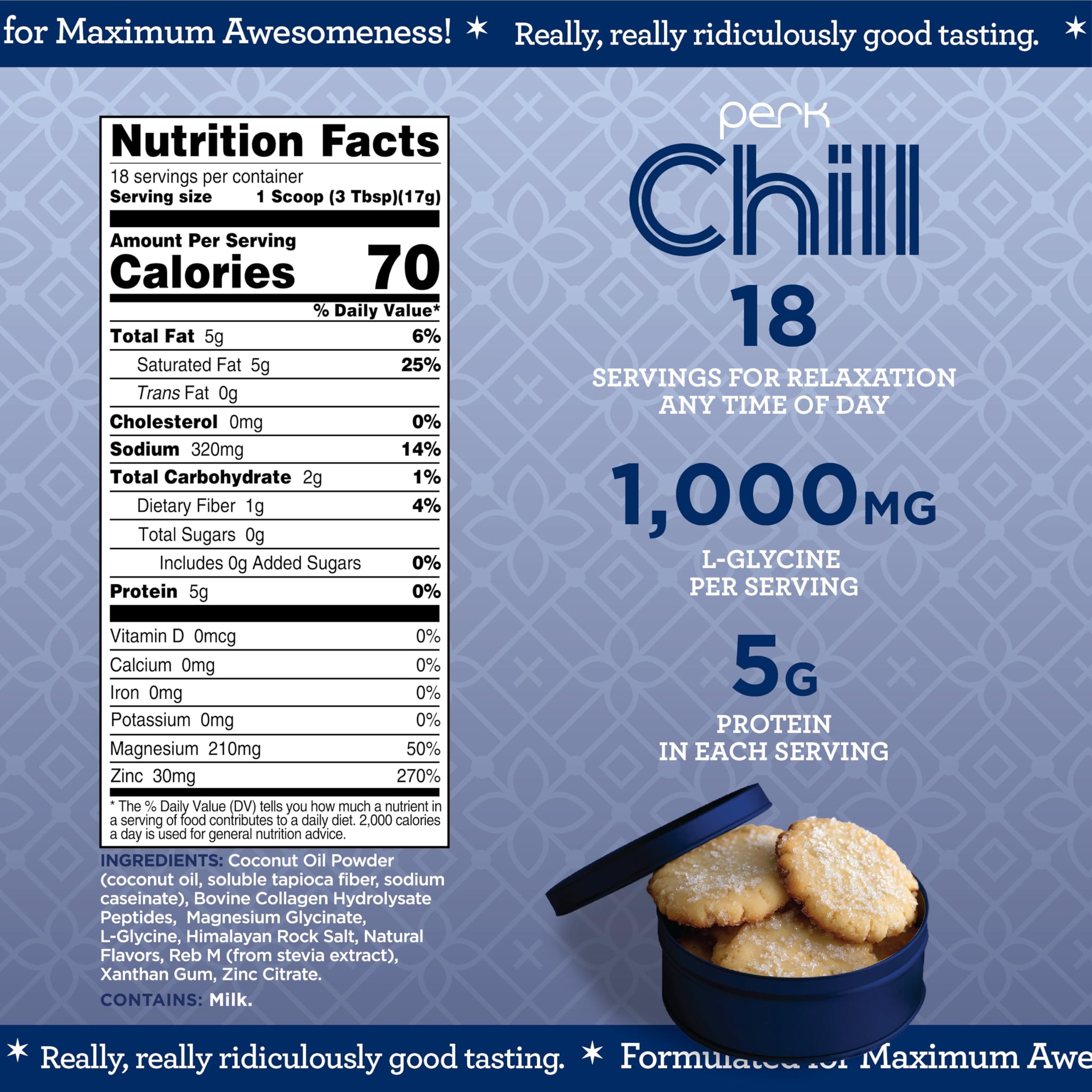 Perk Chill Lactose-Free Drink Mix (Danish Butter Cookie) 18 Servings - Calming Melatonin-Free Nighttime Sleep Aid Support with Magnesium & L-Glycine