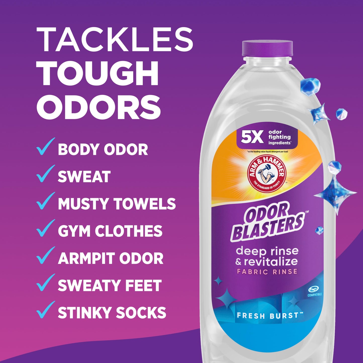 ARM & HAMMER Odor Blasters Deep Rinse and Revitalize Fabric Rinse, Laundry Additive, Eliminates Sweat and Musty Odors, Fresh Burst Scent, 50 fl oz