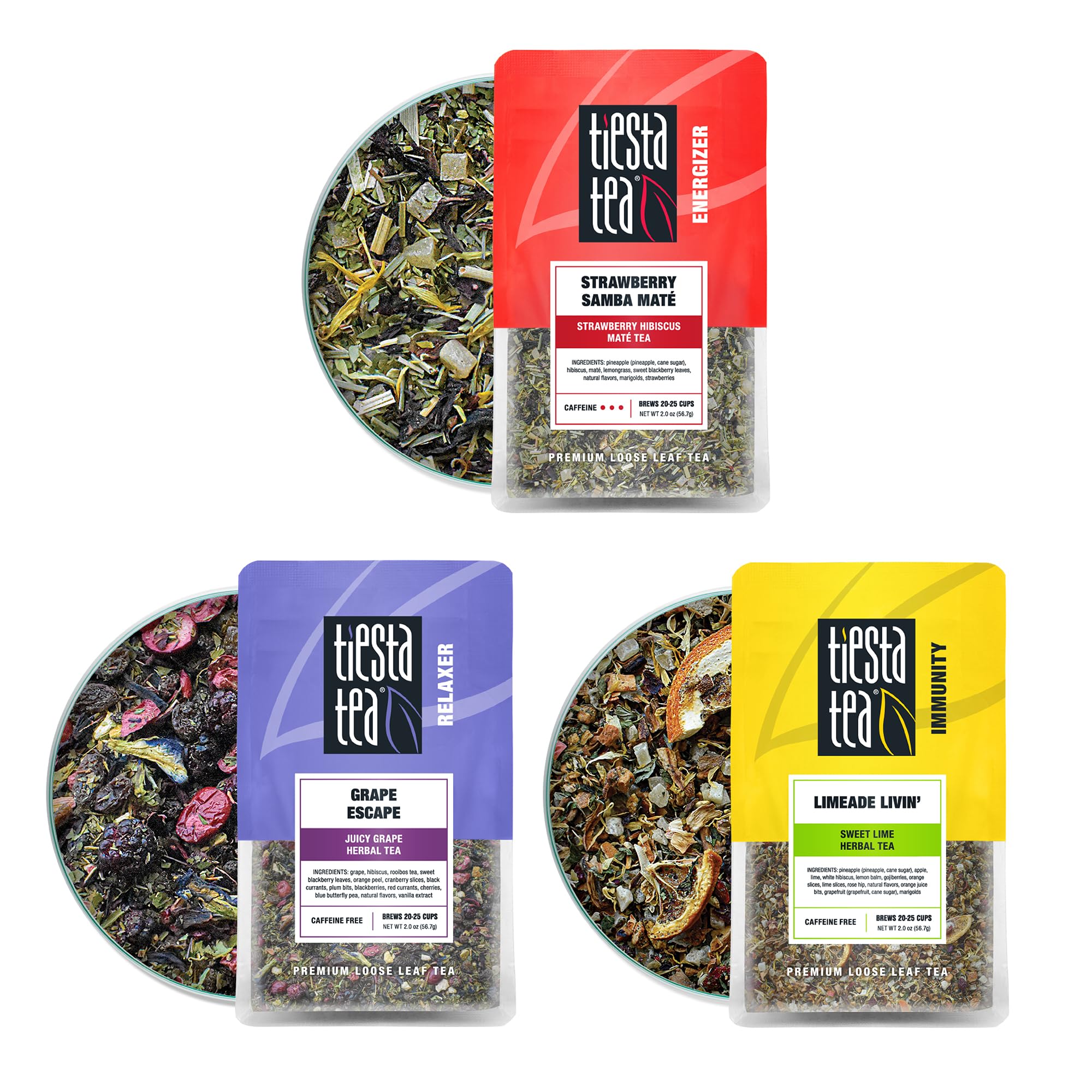Tiesta Tea - Fresh N' Fruity Trio, Loose Leaf, 3 Fruit-Filled Blends, High to Non-Caffeinated, Make Hot or Iced, 6 oz Resealable Pouches