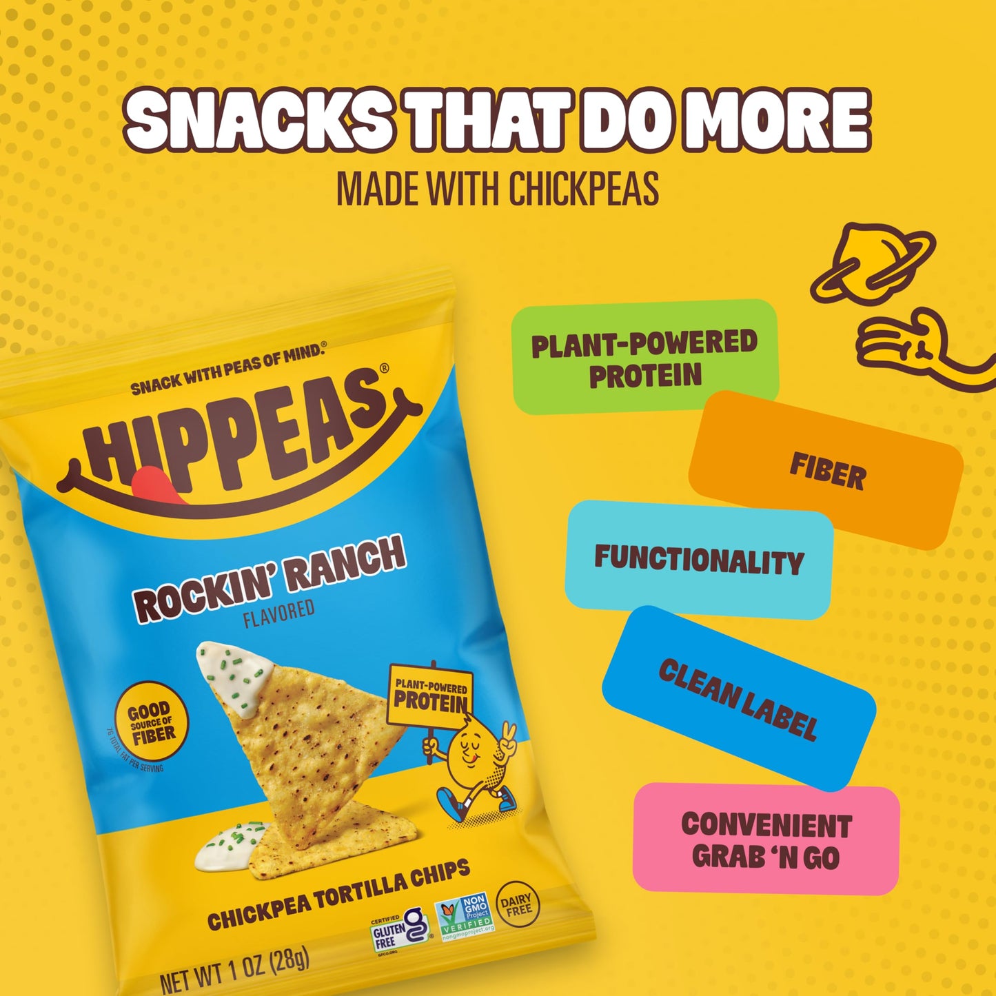 HIPPEAS Chickpea Tortilla Chips, Rockin’ Ranch Gluten Free Snacks, Dairy Free, Vegan, 1oz, Pack of 18, 3g Protein, 3g Fiber, Crunchy, Nutritious