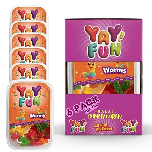 Halal Gummy Worms | 6 Pack Bundle (6x7 oz Tubs) | Colorful Fruit-Flavored Gummy Worms | Resealable Tubs in Bulk with Display Box | Halal Bulk Gummy