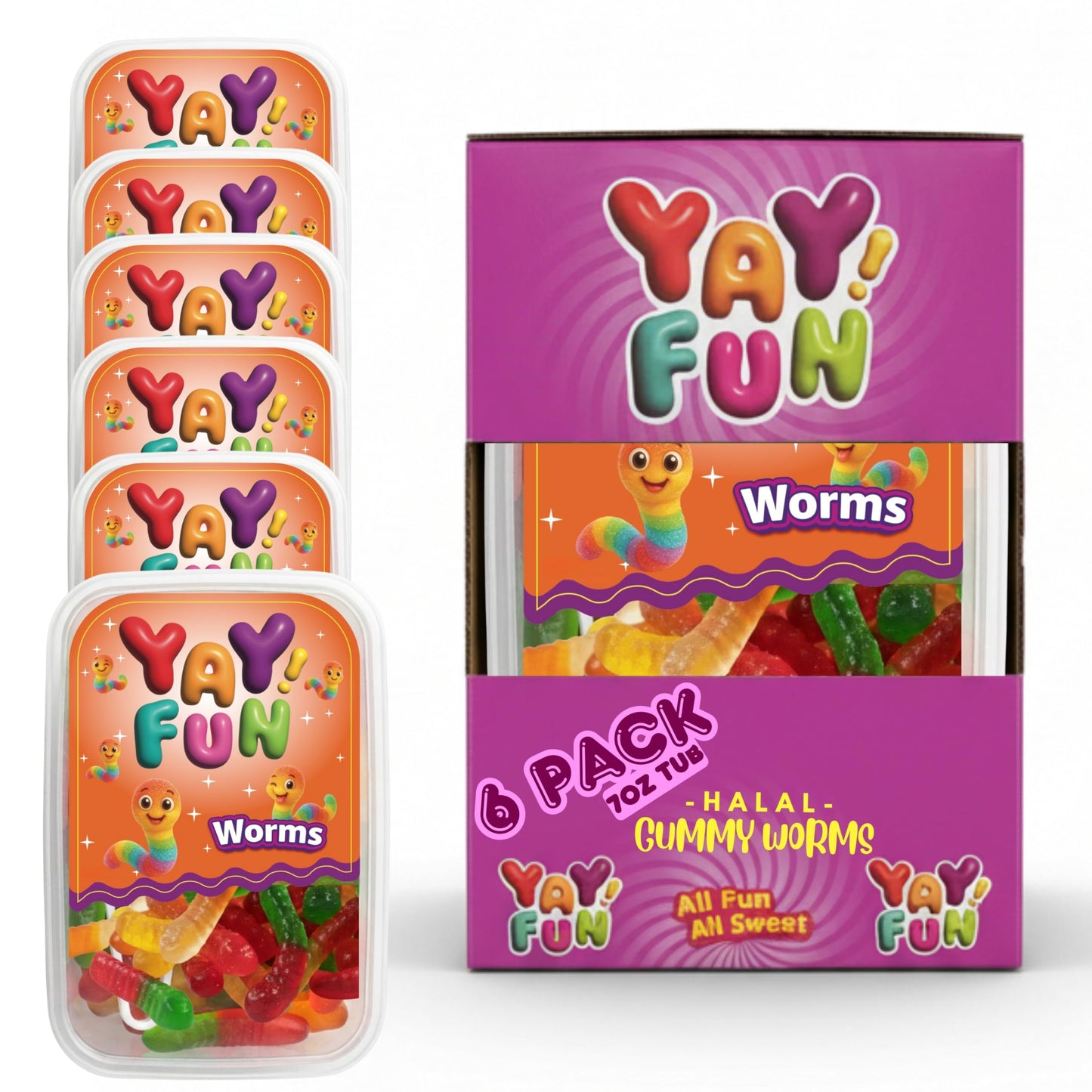 Halal Gummy Worms | 6 Pack Bundle (6x7 oz Tubs) | Colorful Fruit-Flavored Gummy Worms | Resealable Tubs in Bulk with Display Box | Halal Bulk Gummy