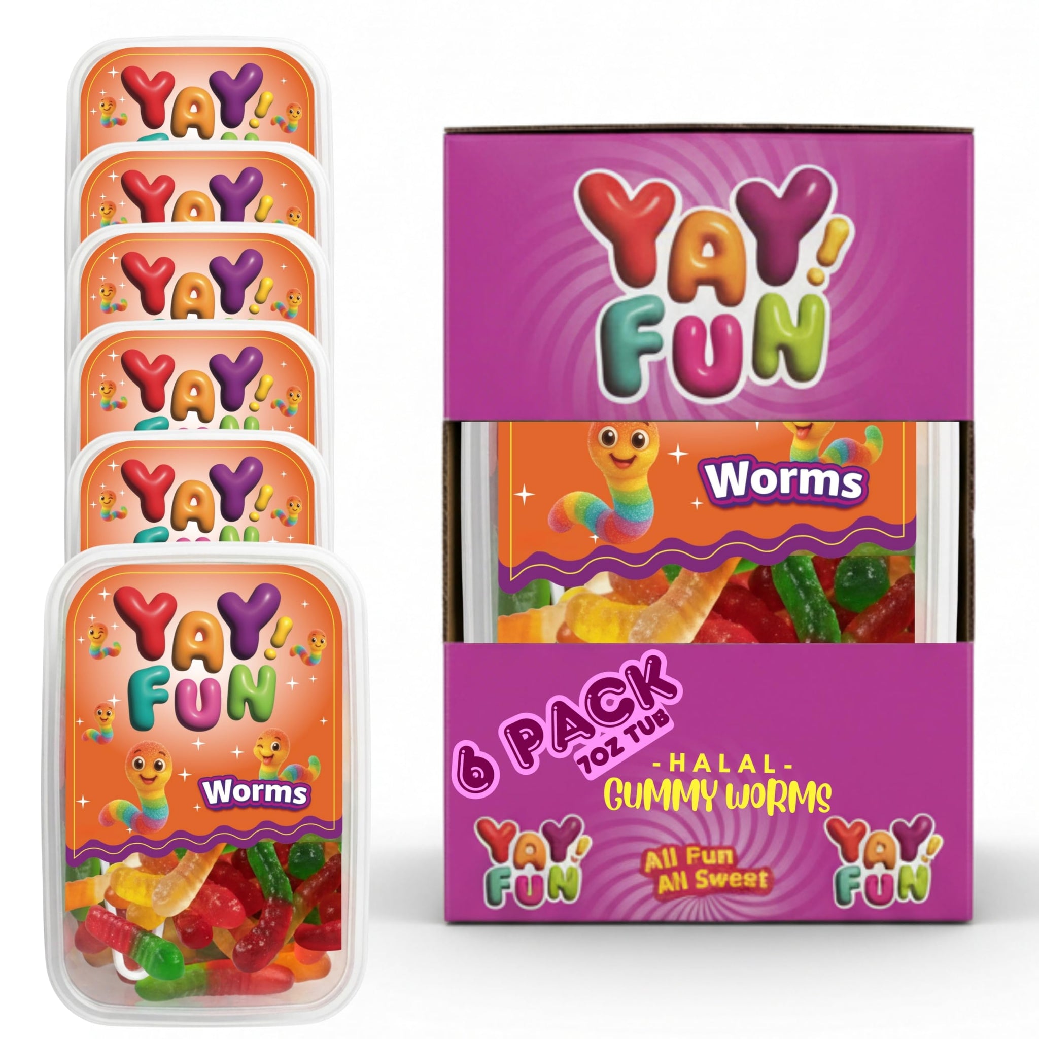 Halal Gummy Worms | 6 Pack Bundle (6x7 oz Tubs) | Colorful Fruit-Flavored Gummy Worms | Resealable Tubs in Bulk with Display Box | Halal Bulk Gummy