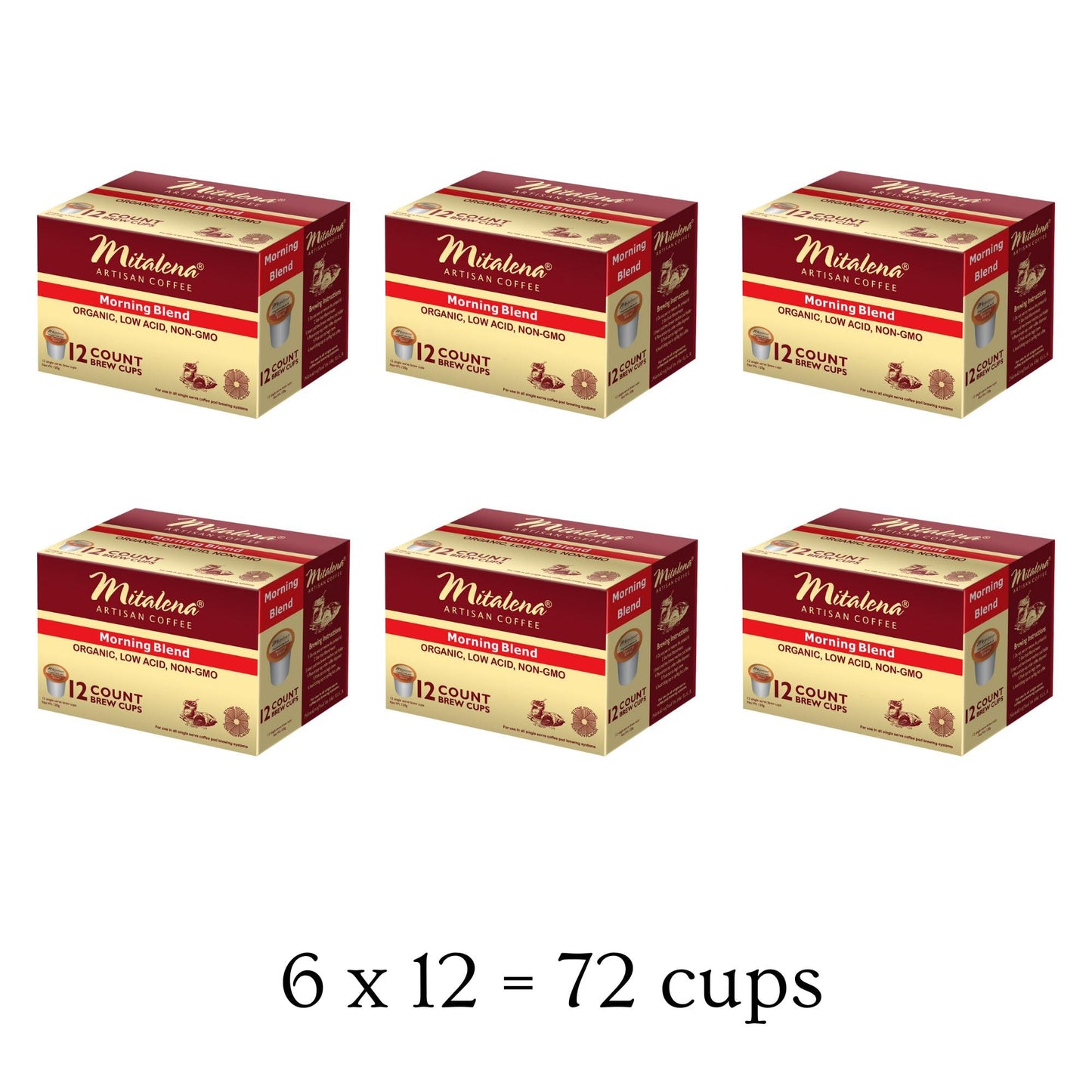 Mitalena Artisan Morning Blend, Low Acid, Medium Roast, Organic Coffee Pods For Keurig K-Cup Maker - 72 K Cups - 100% Arabica Gourmet - Perfect