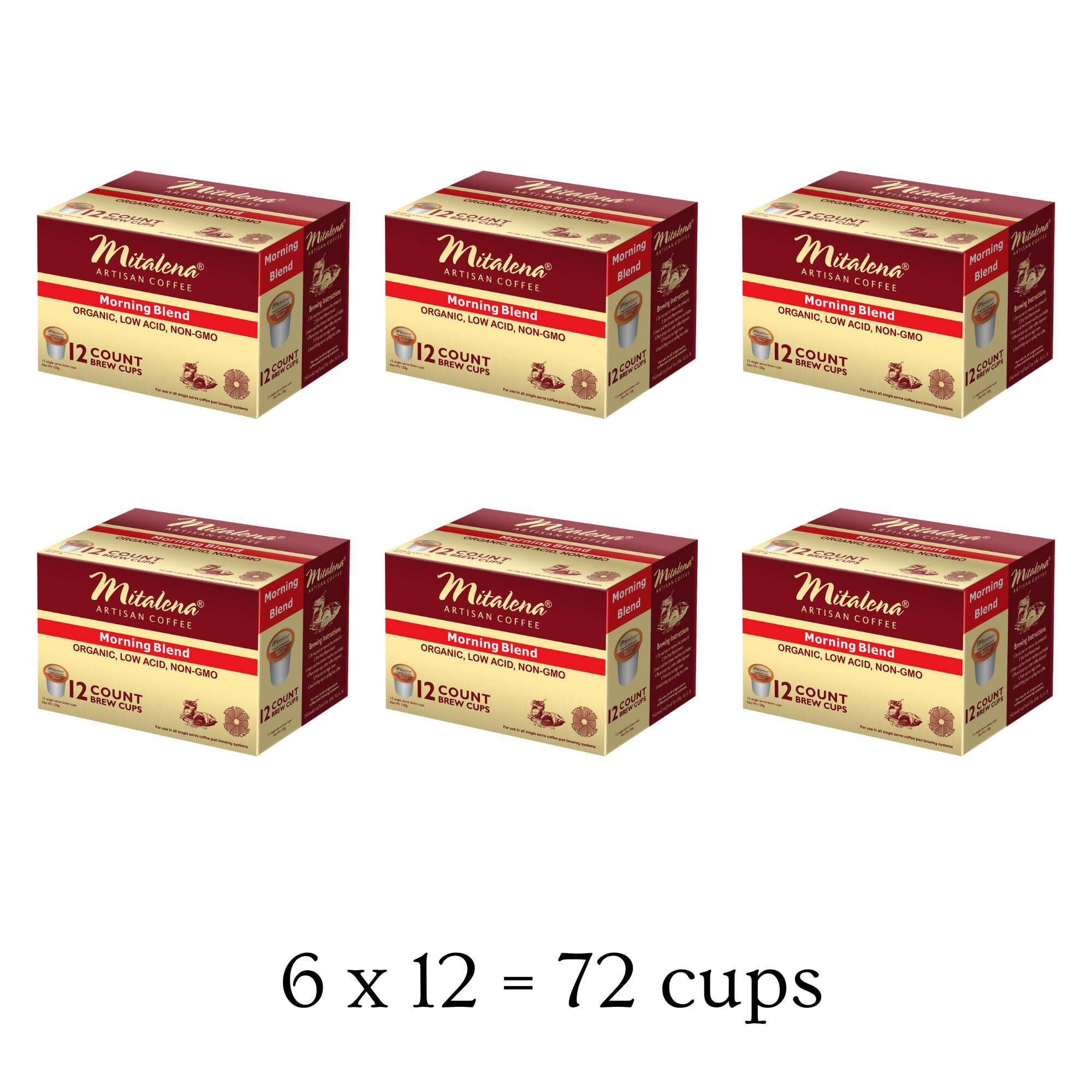 Mitalena Artisan Morning Blend, Low Acid, Medium Roast, Organic Coffee Pods For Keurig K-Cup Maker - 72 K Cups - 100% Arabica Gourmet - Perfect
