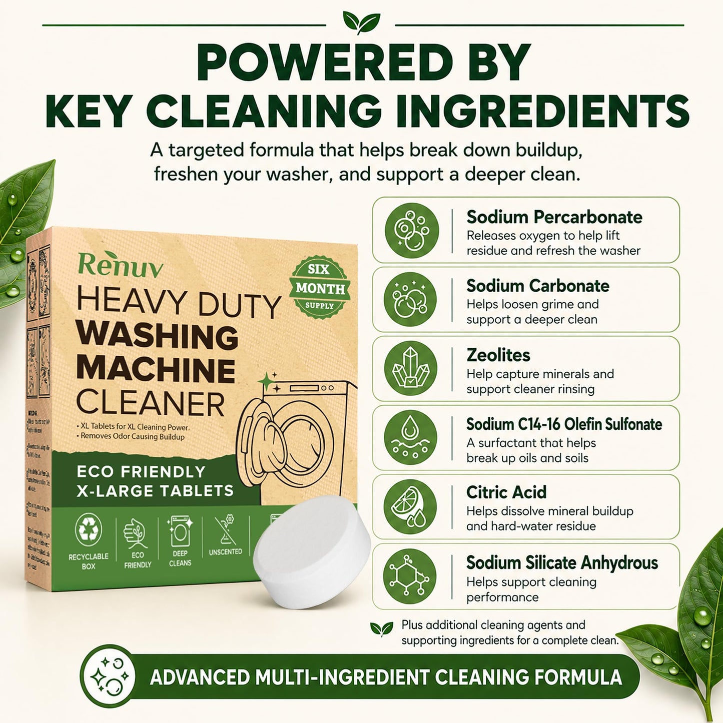 Renuv® Heavy Duty Washing Machine Cleaner Descaler Tablets - for Front Load, Top Load Washer, HE (6 XL Tablets - 6 Months Supply)