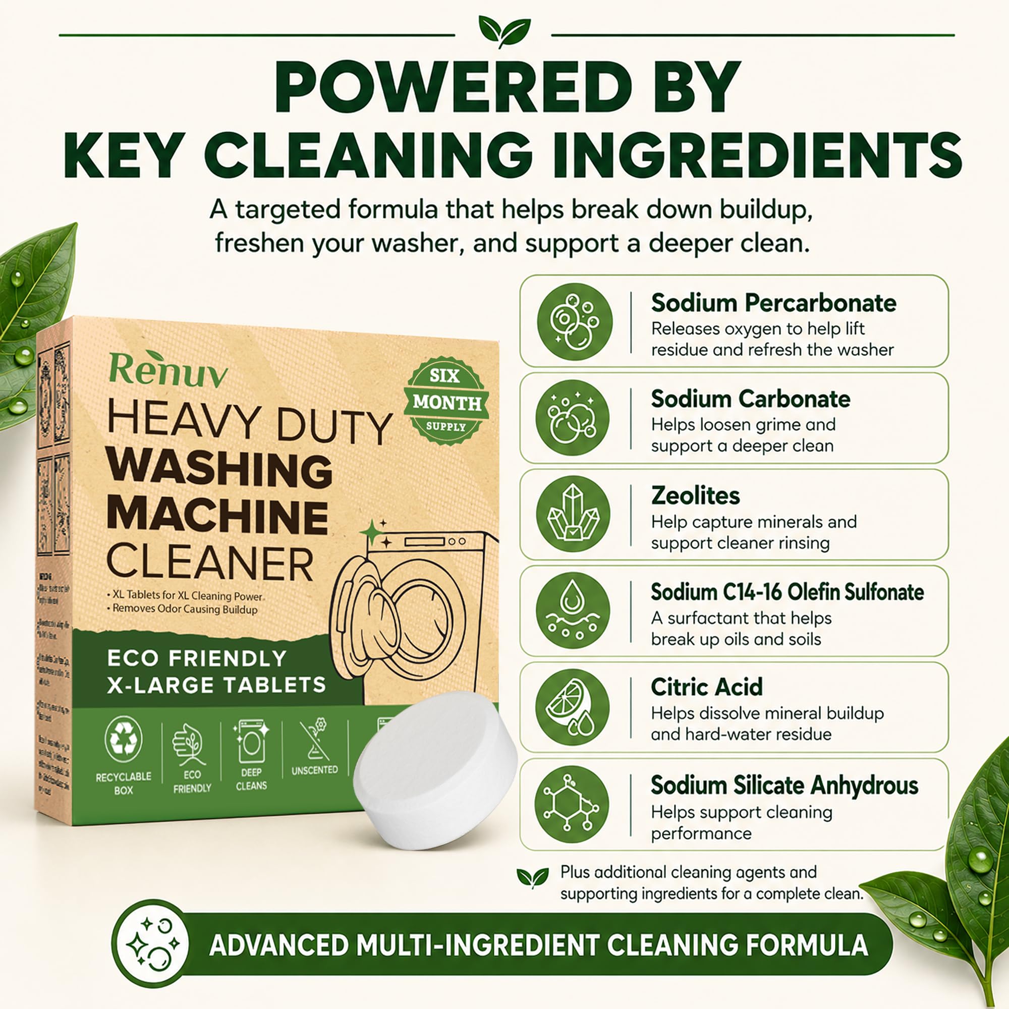 Renuv® Heavy Duty Washing Machine Cleaner Descaler Tablets - for Front Load, Top Load Washer, HE (6 XL Tablets - 6 Months Supply)