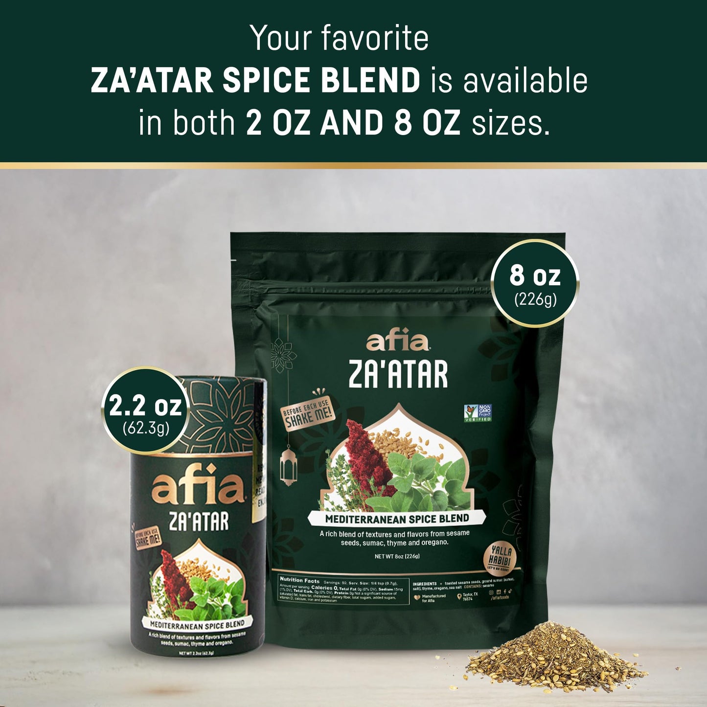 Afia Za'atar Spice Blend | Authentic Mediterranean Seasoning with Sumac, Toasted Sesame & Herbs | Perfect for Dips, Marinades, Flatbreads & More |