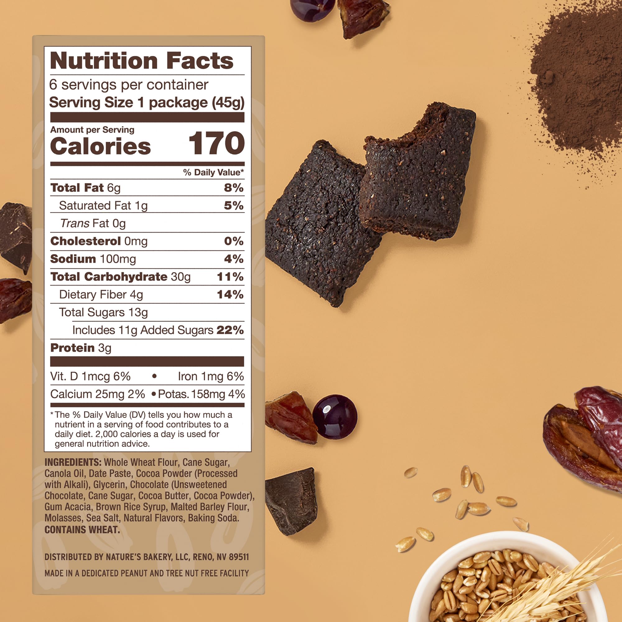 Nature’s Bakery Double Chocolate Brownie Bars, Whole Grains, Dates, and Cocoa, Plant Based, Dairy-Free, Snack Bar, 6 Count (Pack of 6)