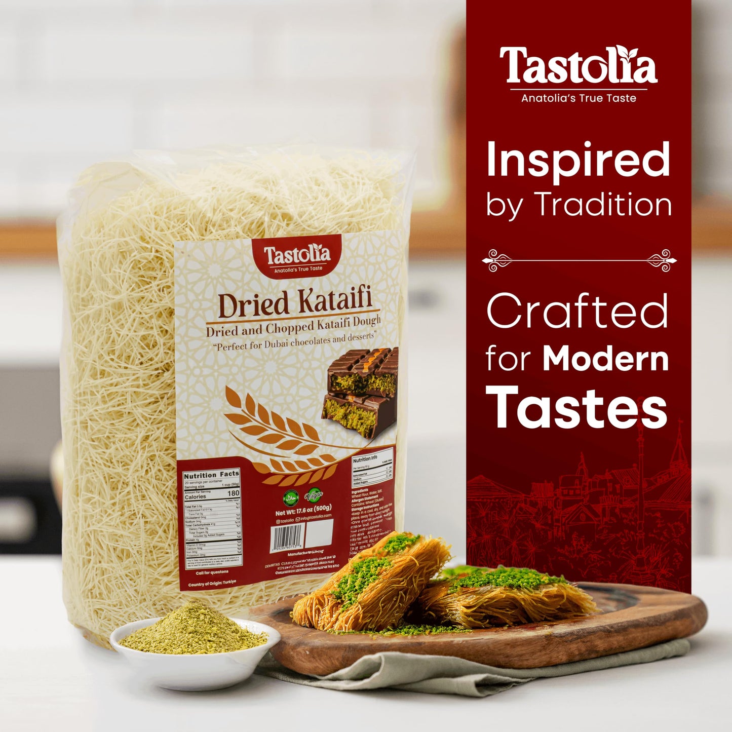 Tastolia Dried Kataifi (Kadayif) 500g (1.1 lb) - Shredded Fillo Dough for Dubai Chocolate, Knafeh, Kunafa - Crispy Kataifi Pastry (Kadaif, Katifi