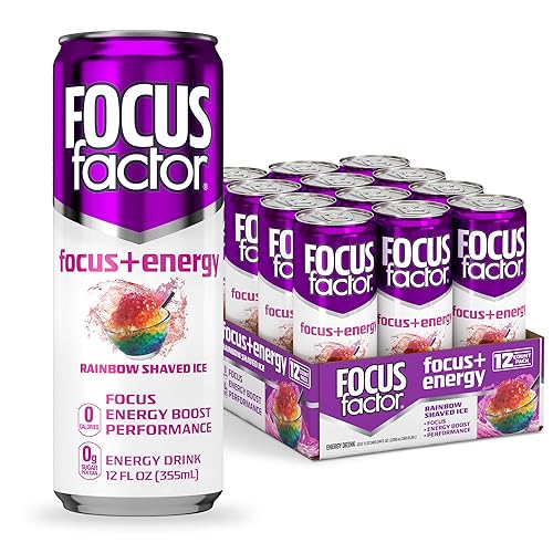 Focus Factor Energy Drink - 12 x 355ml Cans (Rainbow Shaved Ice Flavor) - with Focus + Energy - Lightly Carbonated, Sugar Free, Low Calorie