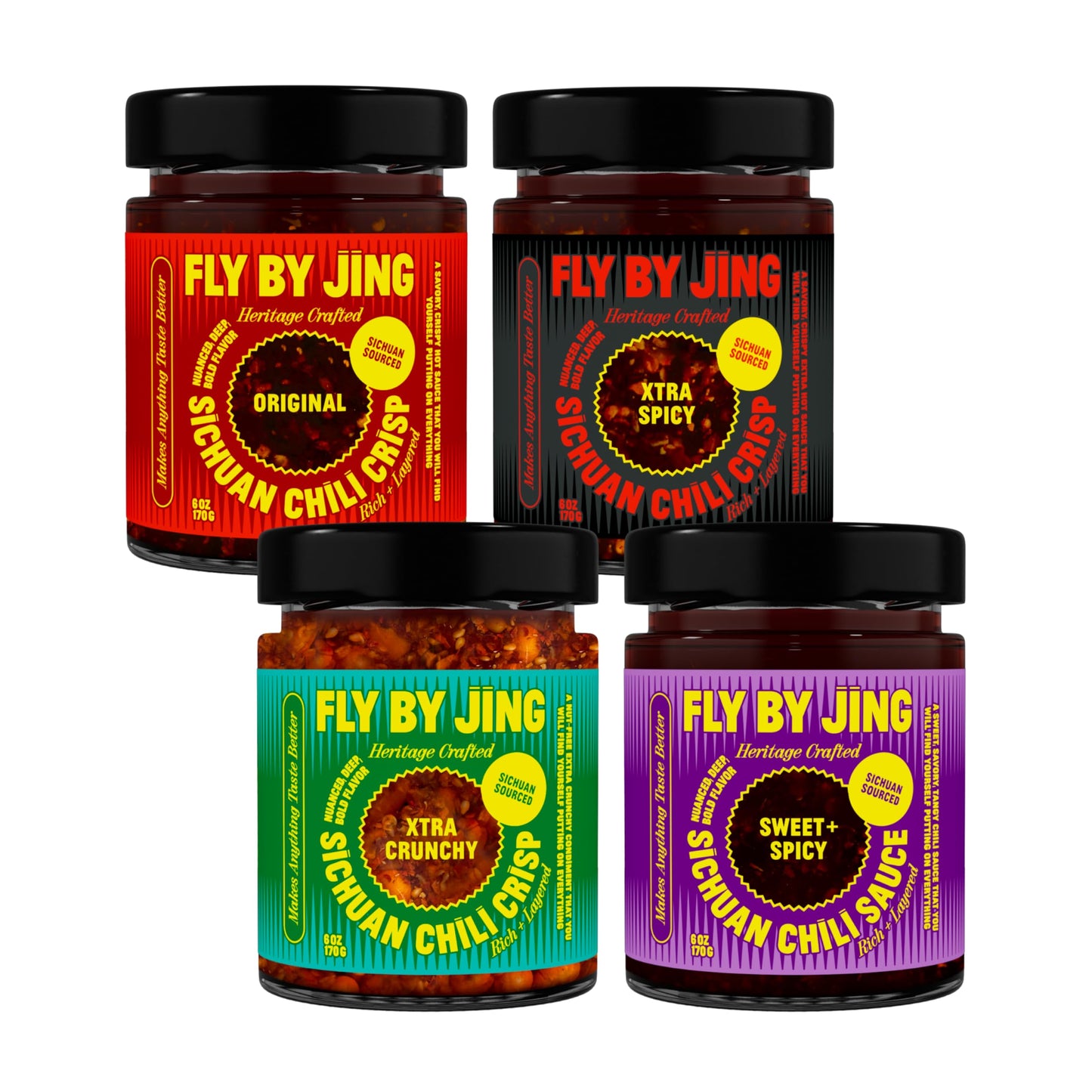 FLYBYJING Chili Crisp Bundle: Four Premium Chili Sauces Good on Noodles, Proteins, Veggies & Everything - Spicy, Savory, Crunchy Vegan Hot Sauces