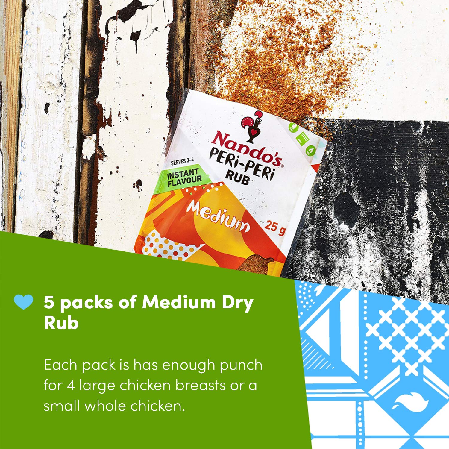 Nando's PERi-PERi Medium Dry Rub - BBQ Seasoning Instant Flavor with a Blend of Garlic, Herbs and Spices with PERi-Peri 25g Bags (5PK)