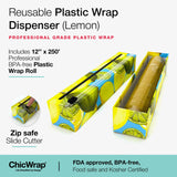 Chicwrap Lemon Refillable Plastic Wrap Dispenser - Includes One 12" x 250' Roll of Professional Grade Plastic Wrap - BPA Free and Kosher Certified