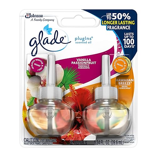 Glade PlugIns Refills Air Freshener, Scented and Essential Oils for Home and Bathroom, Hawaiian Breeze & Vanilla Passion Fruit, 1.34 Oz, 2 Count (Pack