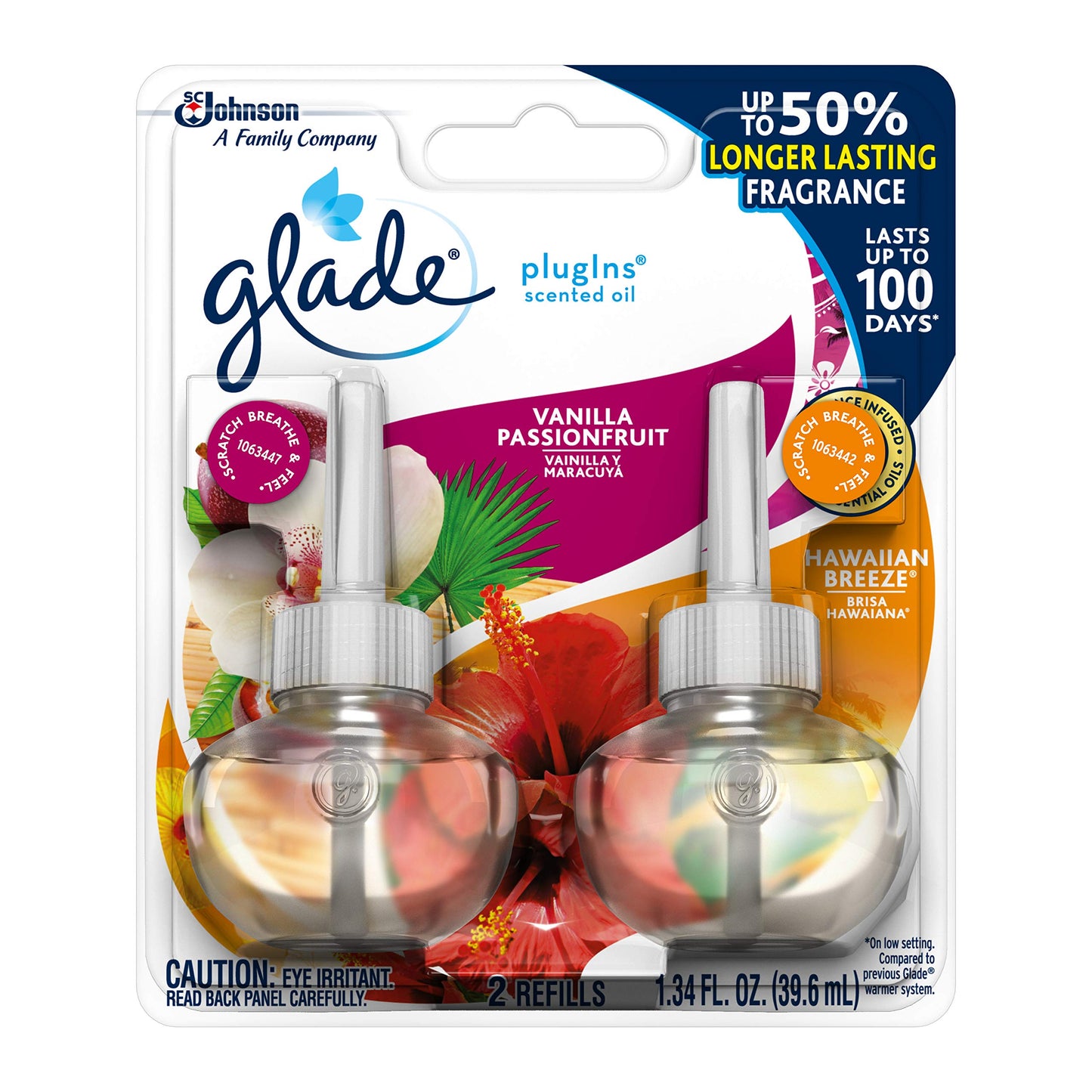 Glade PlugIns Refills Air Freshener, Scented and Essential Oils for Home and Bathroom, Hawaiian Breeze & Vanilla Passion Fruit, 1.34 Oz, 2 Count (Pack