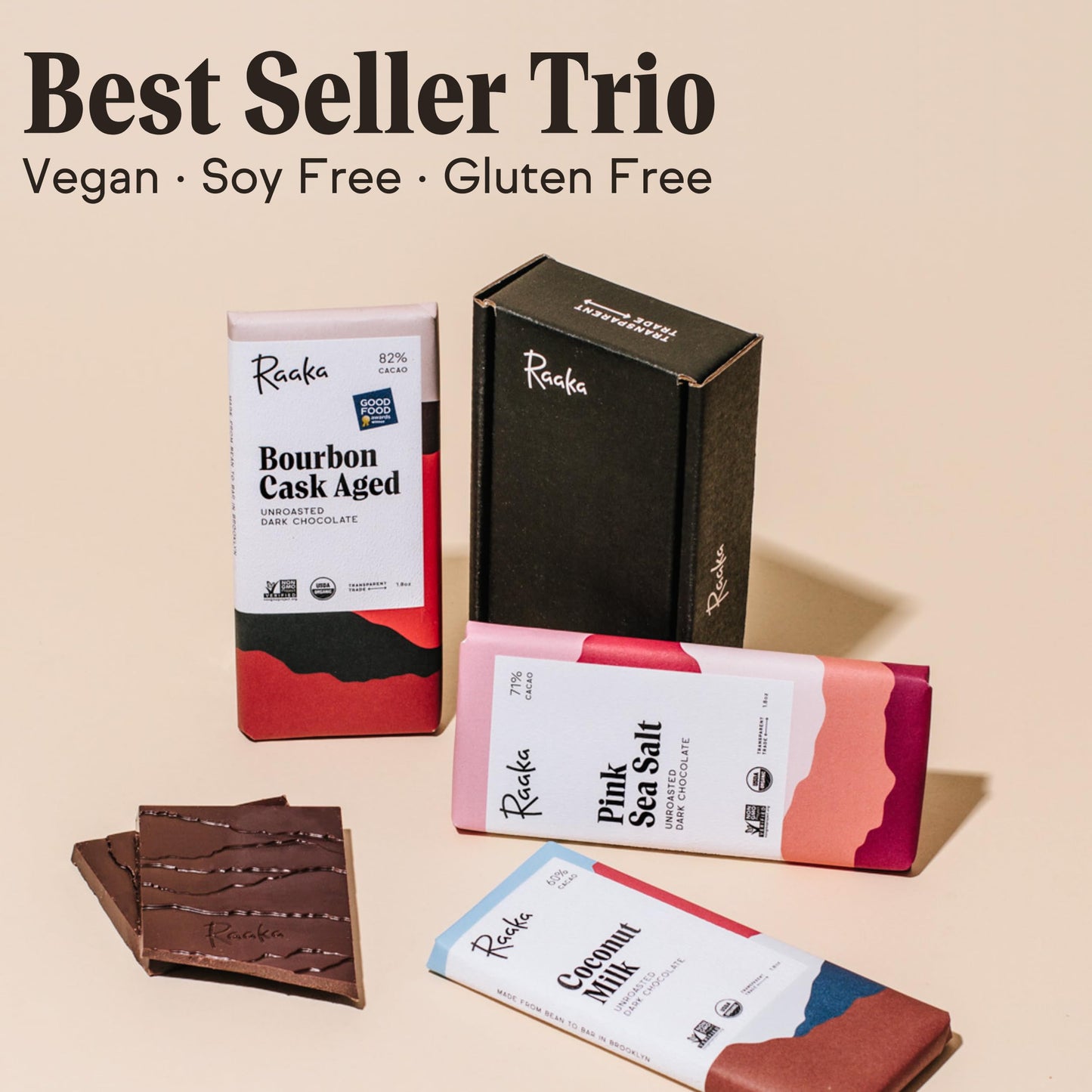Raaka Chocolate Best Sellers Trio | Gourmet Dark Chocolate Gift | Organic, Vegan, Fair Trade, Soy Free, Non-GMO, Gluten Free, Kosher | 1.8oz Bars