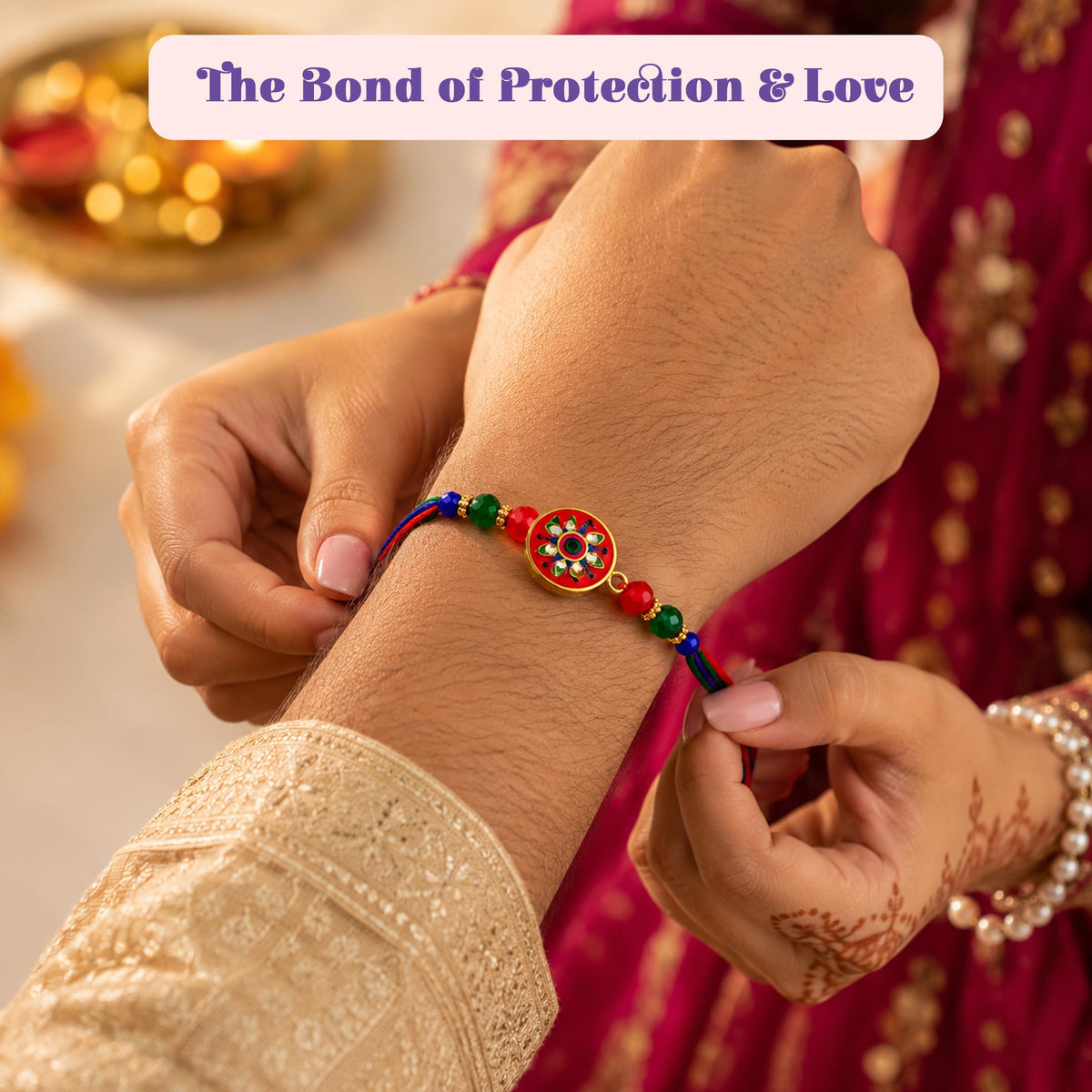 LOVENSPIRE Designer Rakhi Gift Hamper Set for Brother & Bhabhi - Includes 2 Rakhi Bracelet, Haldi Kumkum Holder, Chocolates, Roli Chawal & Gift Box