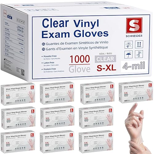 Schneider Clear Vinyl Exam Gloves, 4-mil, Medium 1000-ct Case, Latex-Free, Disposable Gloves, Medical Gloves, Cleaning Gloves, Food Prep Gloves, Food