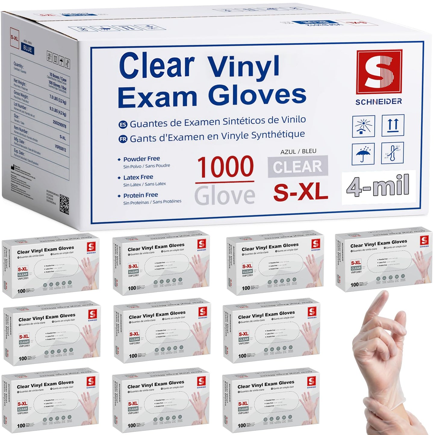 Schneider Clear Vinyl Exam Gloves, 4-mil, XL 1000-ct Case, Latex-Free, Disposable Gloves, Medical Gloves, Cleaning Gloves, Food Prep Gloves, Food Safe