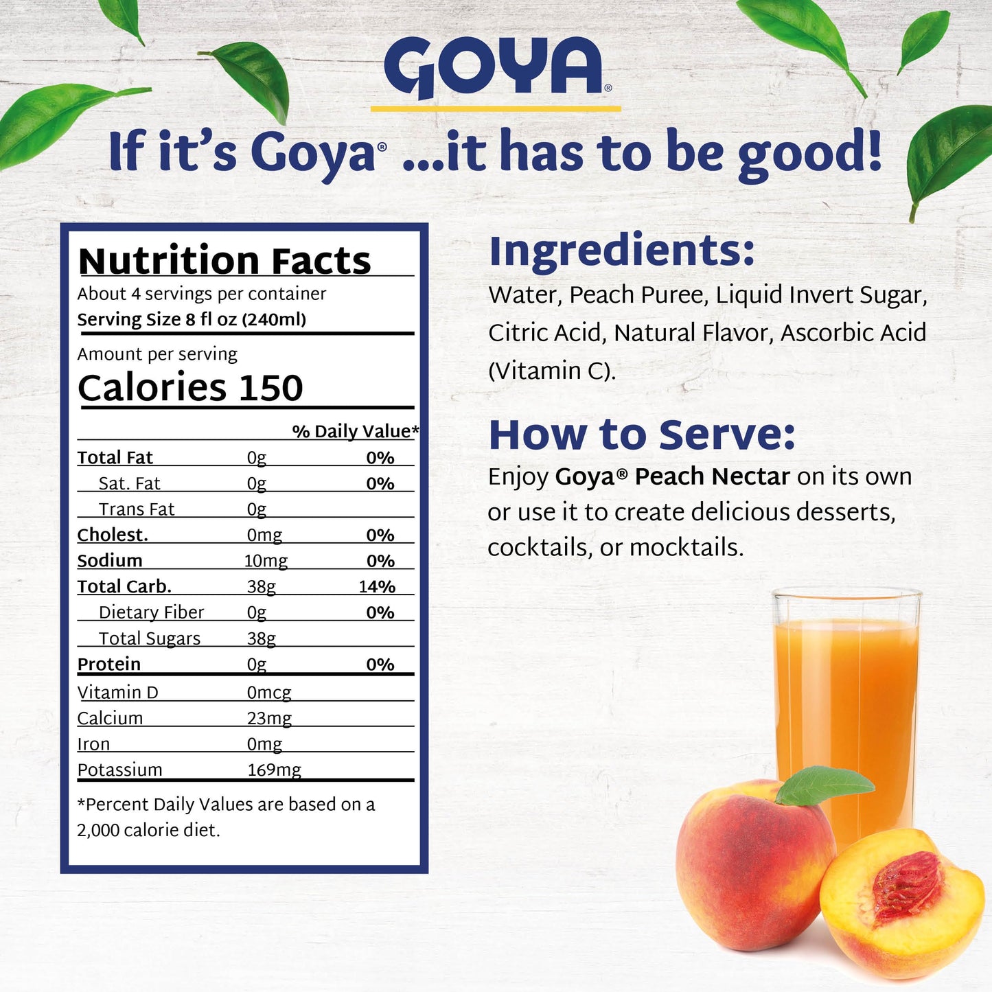 Goya Peach Nectar Juice, Pack of 2 (33.8 oz Bottles) Sweet and Juicy Tropical Drink, Perfect for Smoothies, Cocktails, Mocktails and Everyday