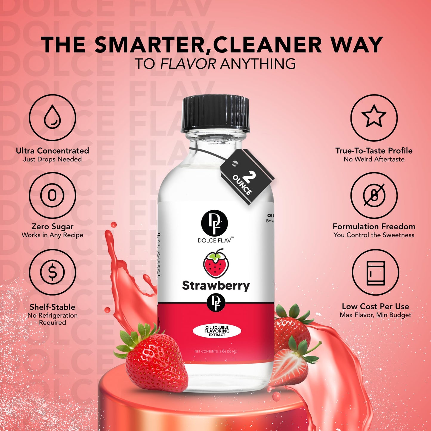 Dolce Flav Strawberry Extract - 2 Ounce Oil-Soluble Kosher, Sugar-Free, Concentrated Berry Flavor for Candy, Chocolates & Desserts, Includes Measured