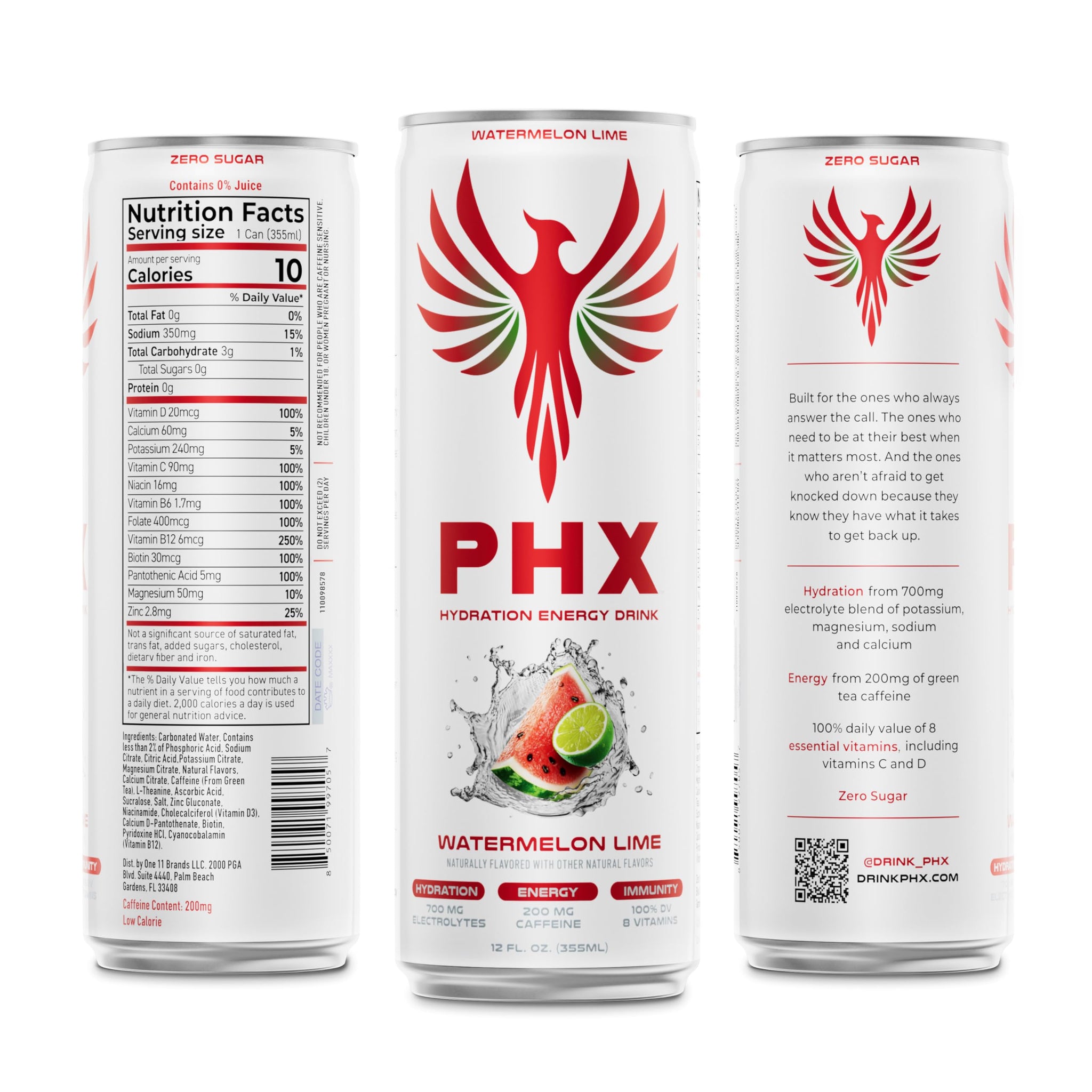 PHX Hydration Energy Drink - 700mg Electrolytes, 200mg Natural Green Tea Caffeine, 100% Daily Value 8 Essential Vitamins - 12 oz Cans (12 Pack) (12