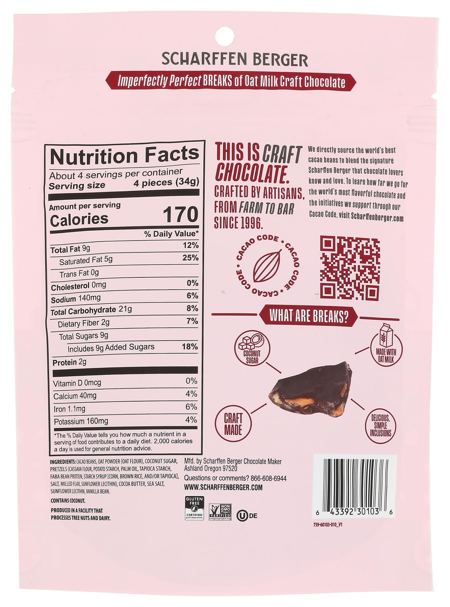 Scharffen Berger Pretzel & Sea Salt 43% Oat Milk Chocolate Bark, 4.5 OZ