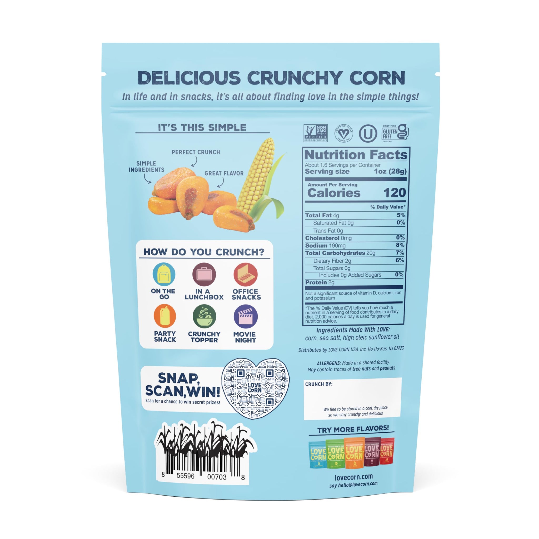 LOVE CORN Sea Salt - Crunchy Roasted Corn Snack, 3 Simple Ingredients, Gluten Free, Non-GMO, Zero Sugar, Vegan, Plant Based- Alternative to Chips