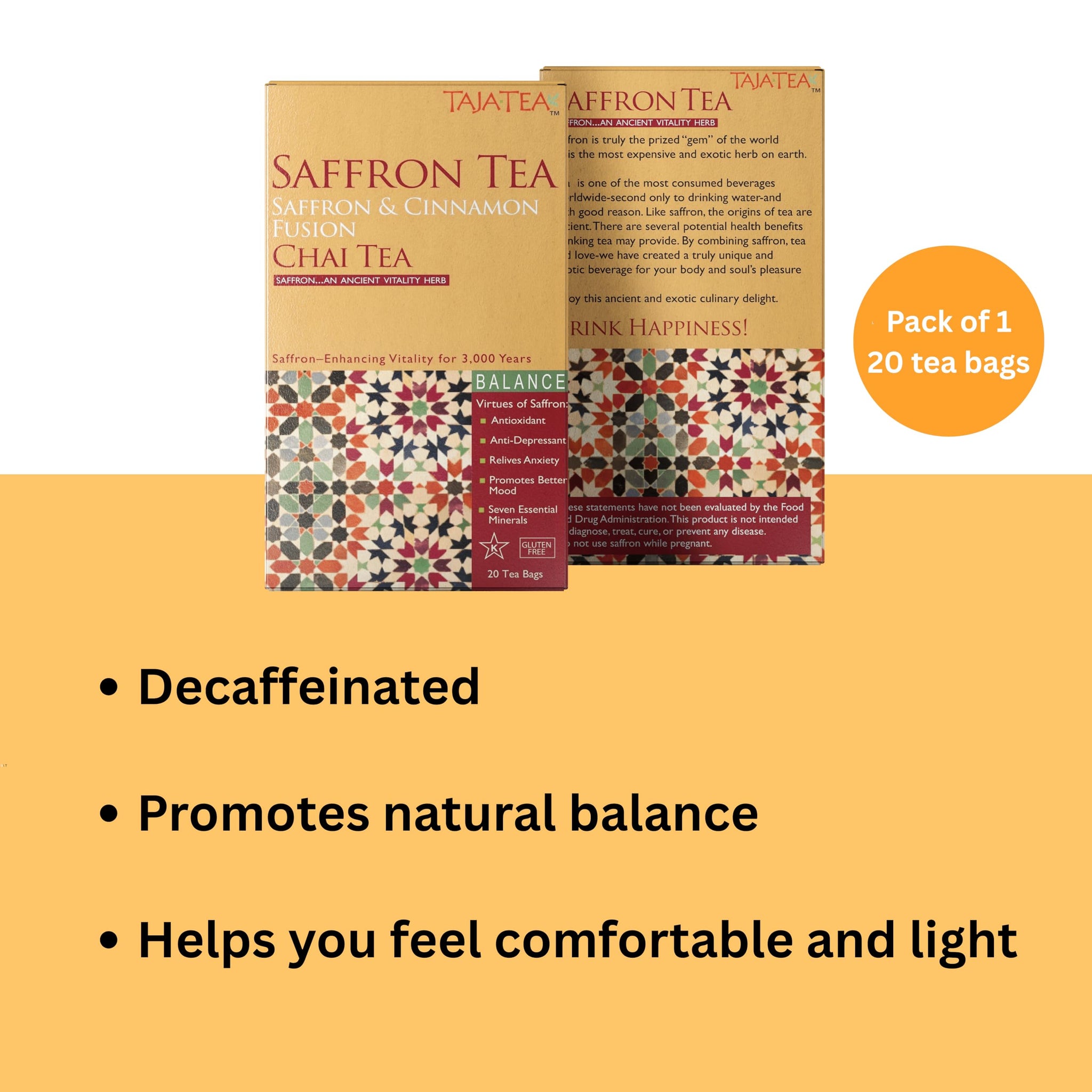 Taja Saffron Tea - Saffron & Cinnamon Fusion Chai, Balanced Wellness Blend for Mindful Comfort, Mood Boost, Decaffeinated | Gluten Free | Kosher, 20