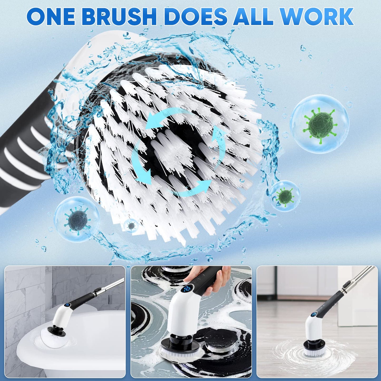 Electric Spin Scrubber, 2024 New Cordless Cleaning Brush with 8 Replaceable Brush Heads, Power Shower Scrubber Long Handle, Extendable Handheld