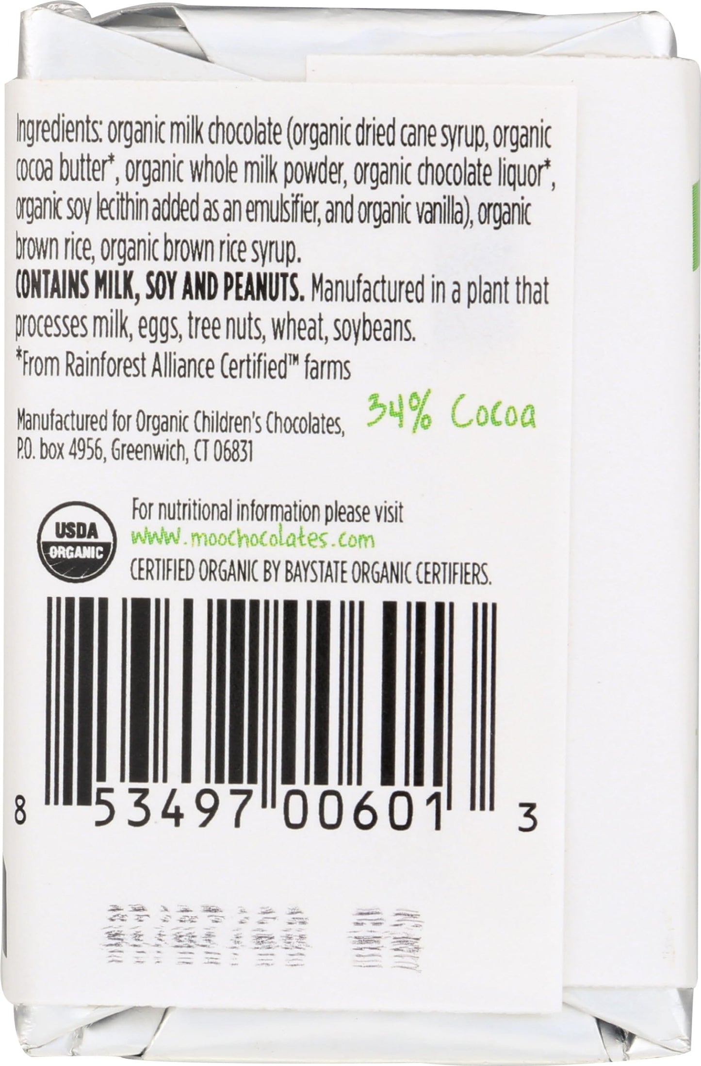 Moo Chocolate Organic Milk Chocolate Rice Crisps Bar, 0.7 OZ