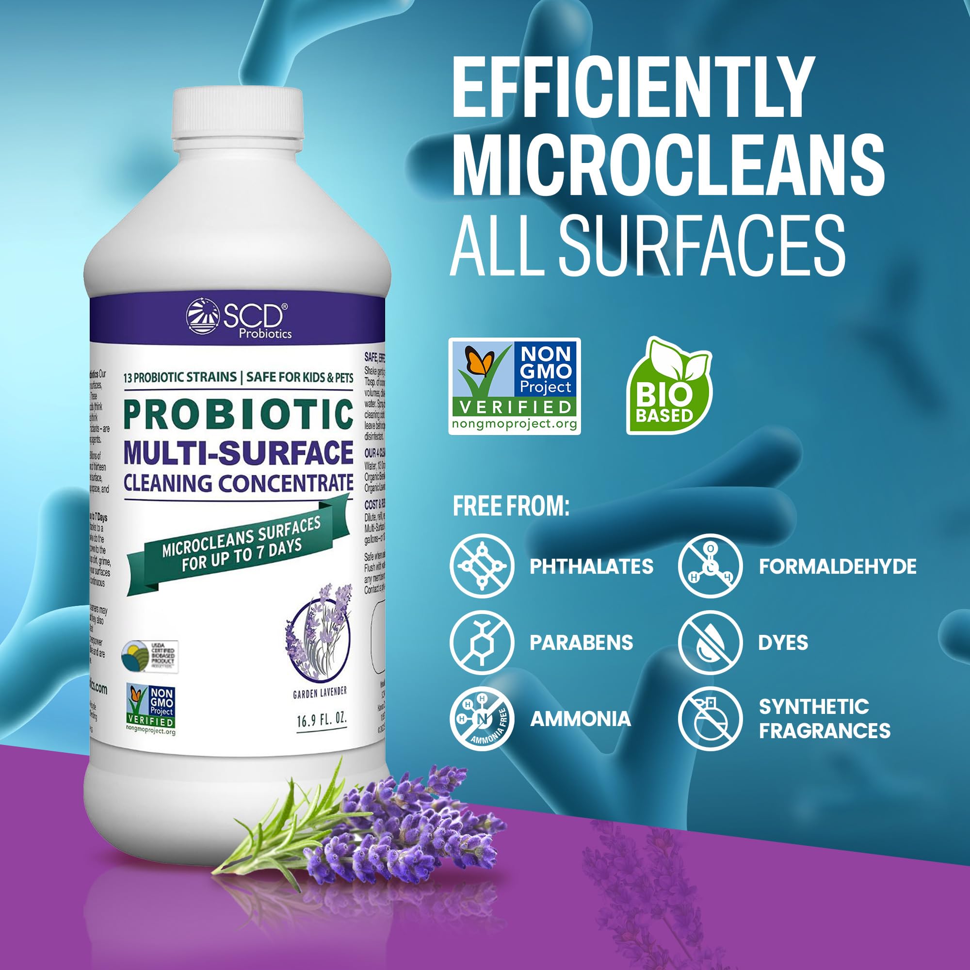 SCD Probiotics Probiotic Multi-Surface Cleaning Concentrate w/Lavender Essential Oil, Microcleans Surfaces for Up to 7 Days, Plant-Based