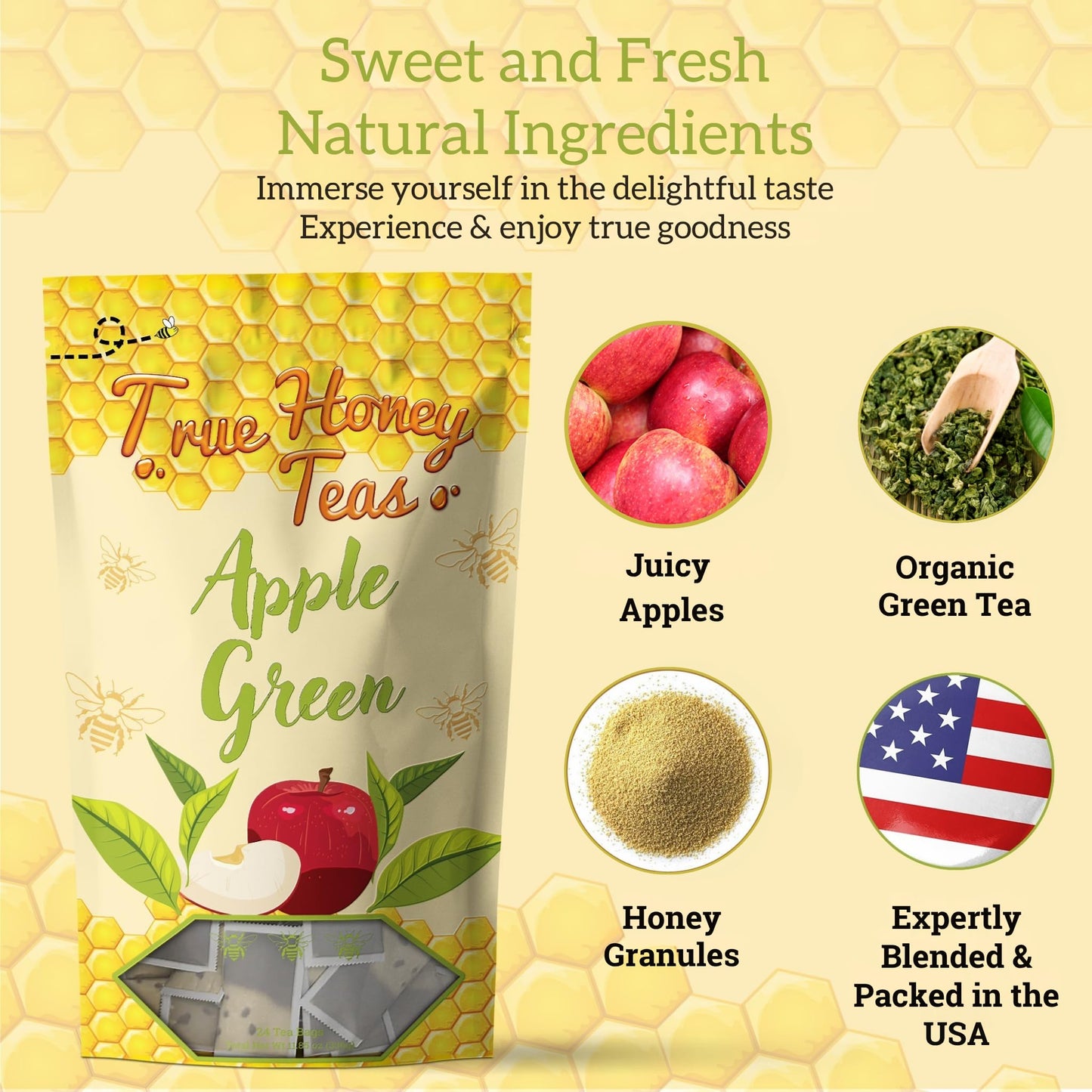True Honey Apple Green Tea Bags - Honey Crystals Blended in Every Sachet - Young Hyson Green Tea with Apple - All Natural Contains Caffeine Tea Bag 24