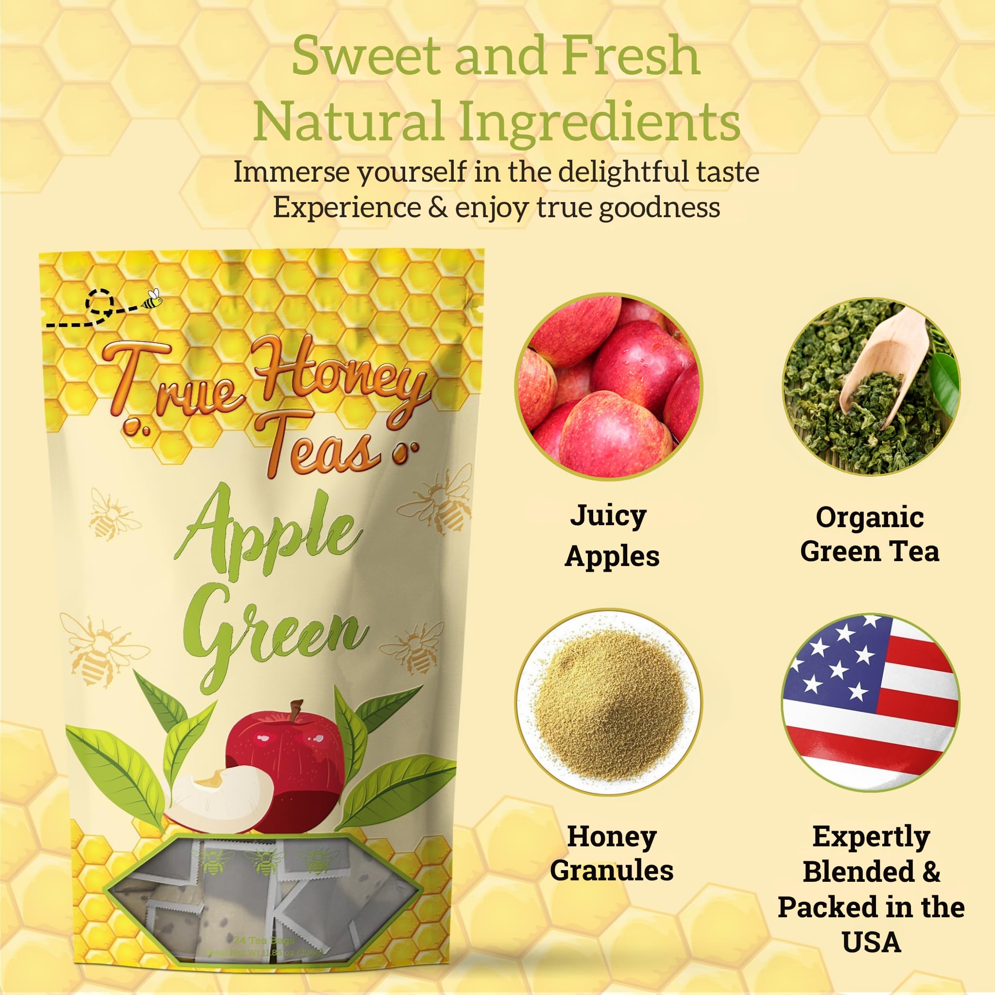 True Honey Apple Green Tea Bags - Honey Crystals Blended in Every Sachet - Young Hyson Green Tea with Apple - All Natural Contains Caffeine Tea Bag 24