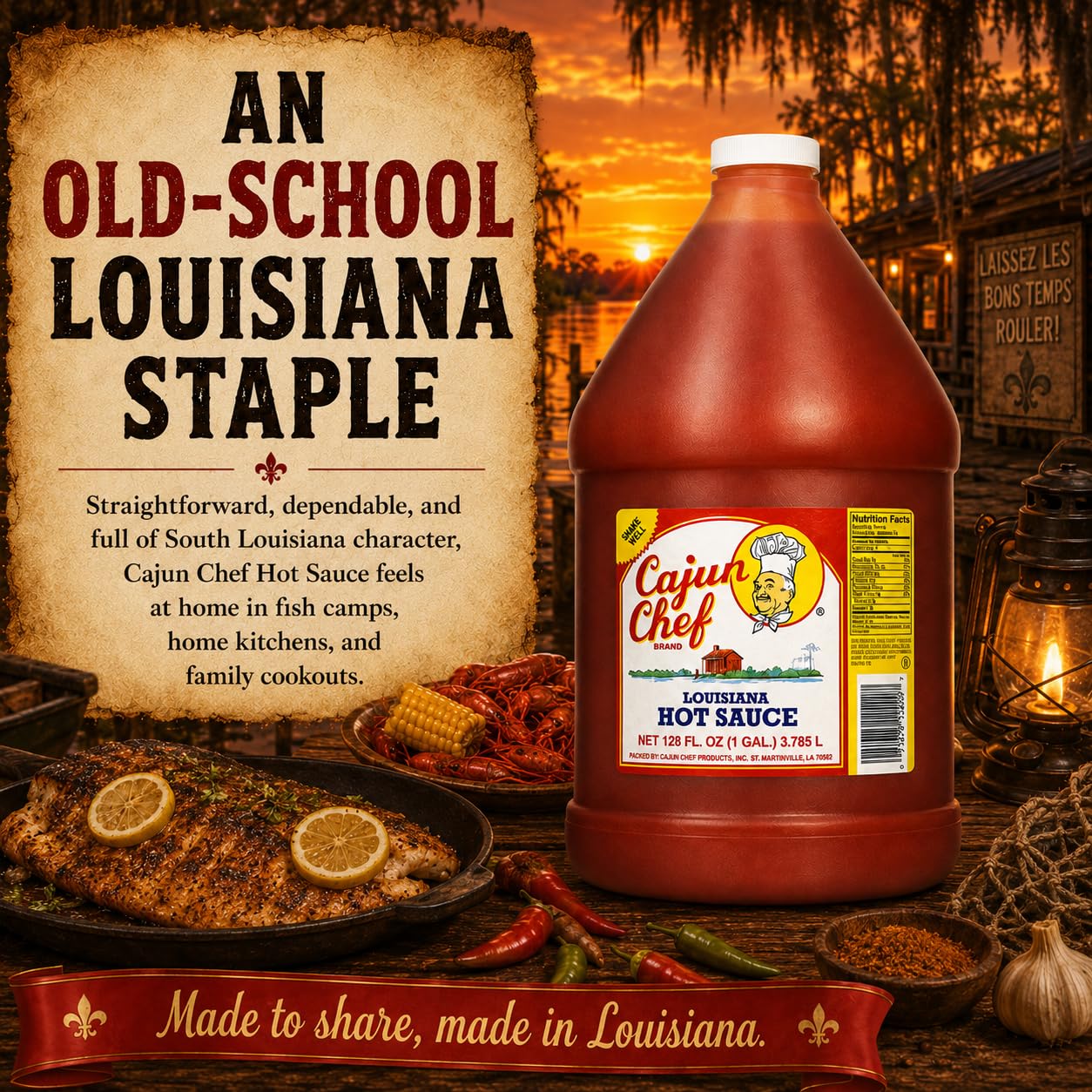 Cajun Chef Louisiana Hot Sauce 1 Gallon, 128 fl oz (Pack of 4) - Cajun Cayenne Pepper Sauce, Mild Heat Hot Sauce for Gumbo, Seafood, Soups, Wings