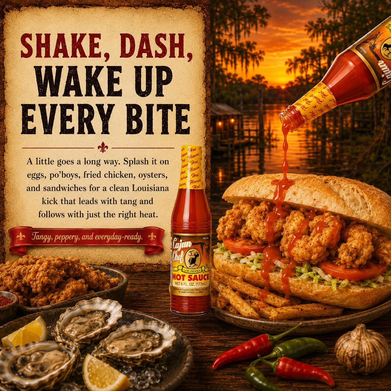 Cajun Chef Louisiana Hot Sauce 6 oz (Pack of 2) - Cajun Cayenne Pepper Sauce with Mild Heat, Louisiana Style Hot Sauce for Gumbo, Seafood, Soups
