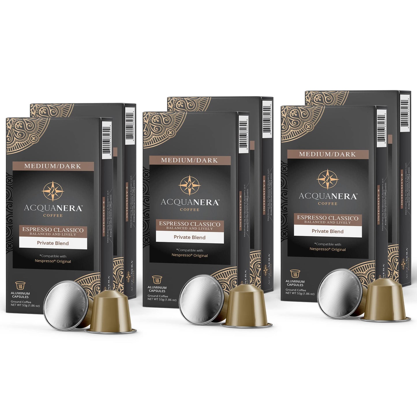 Acquanera Coffee, Espresso Aluminum Capsules, 60 Coffee Pods, Espresso Classico Medium Roast, Intensity 8, Single Cup Brews 1.35oz