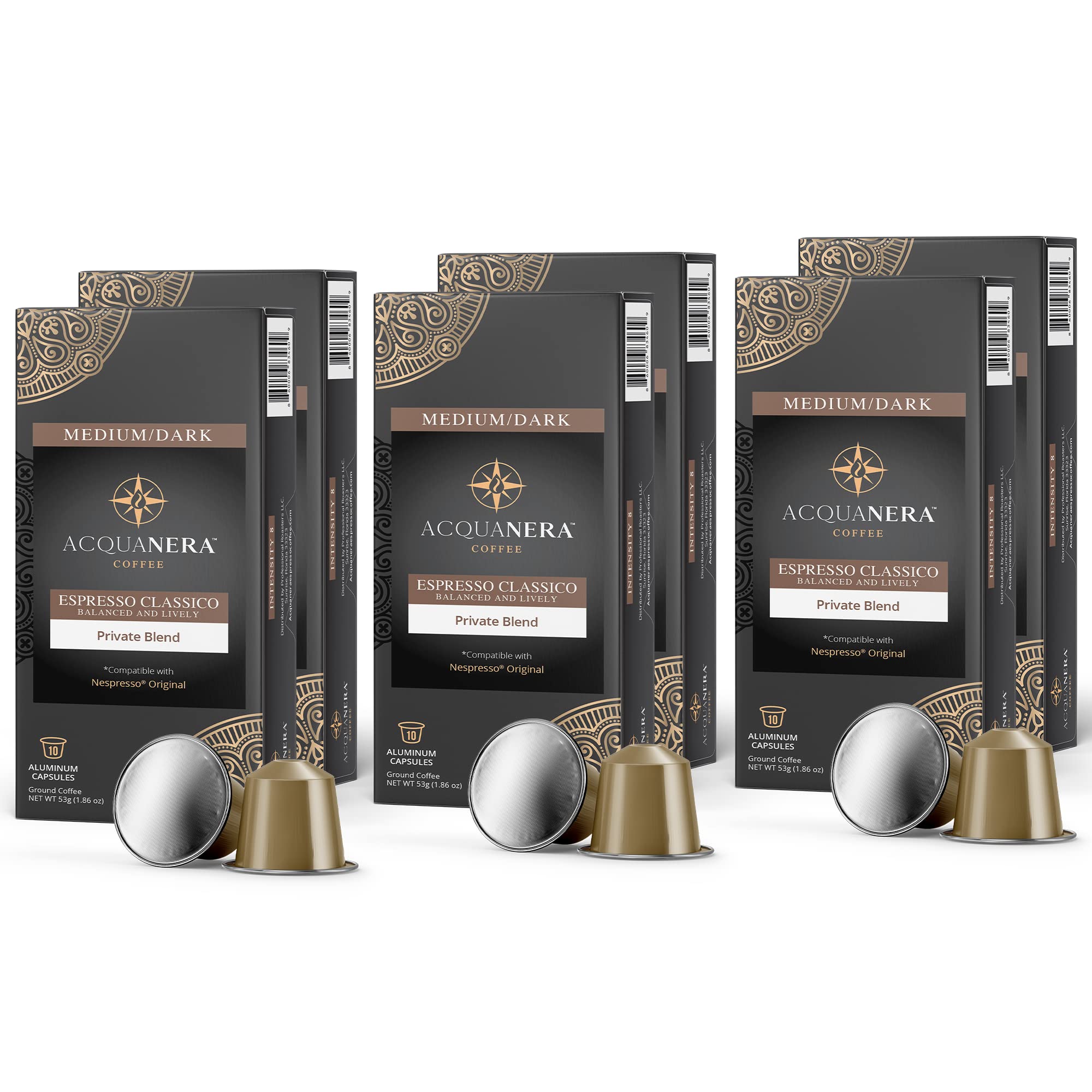 Acquanera Coffee, Espresso Aluminum Capsules, 60 Coffee Pods, Espresso Classico Medium Roast, Intensity 8, Single Cup Brews 1.35oz