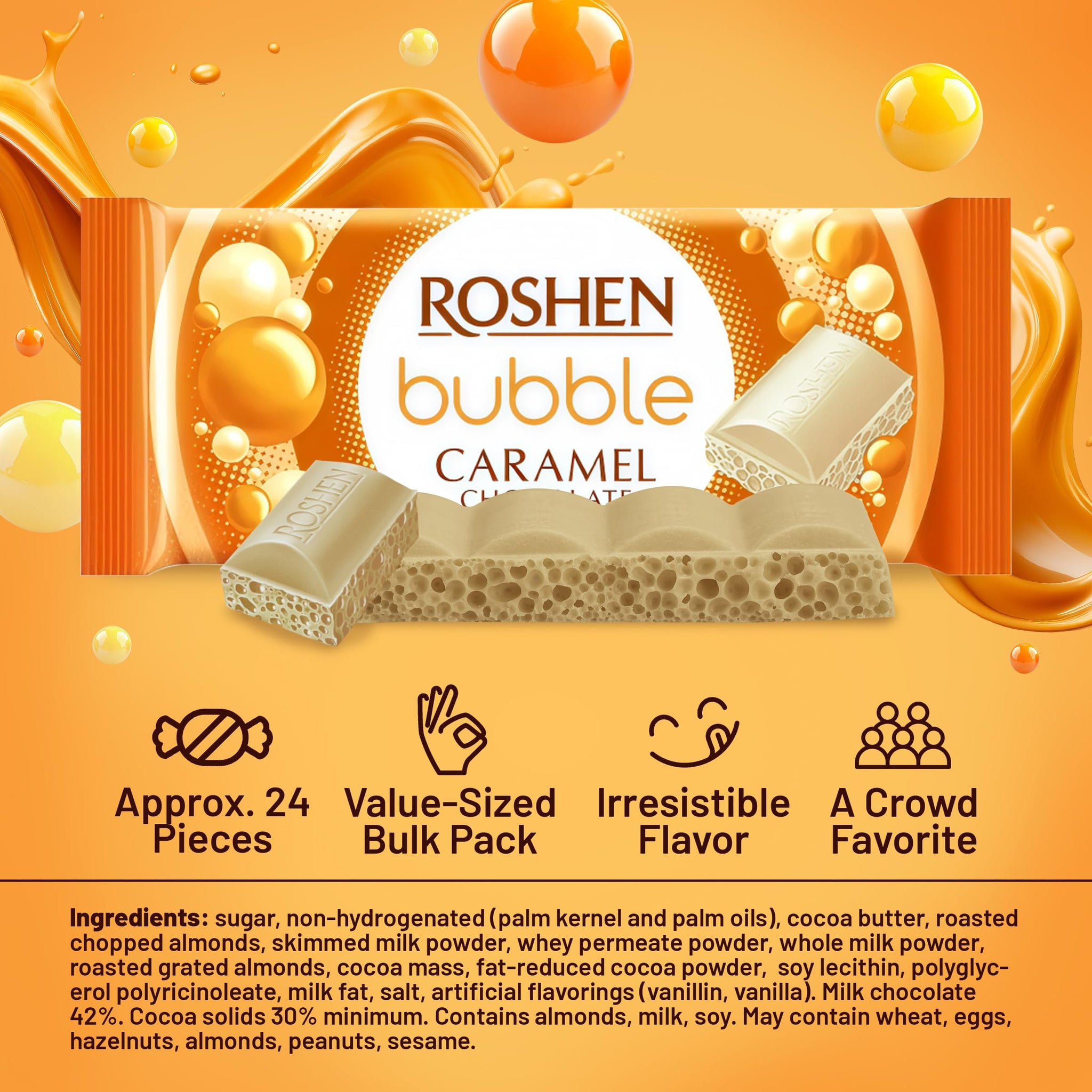 Roshen Aerated Bubble Chocolate Bar, White Chocolate with Rich Caramel Taste, 2.82 oz (Pack of 3) Light, Fluffy, Melt-in-Your-Mouth Experience, Kosher