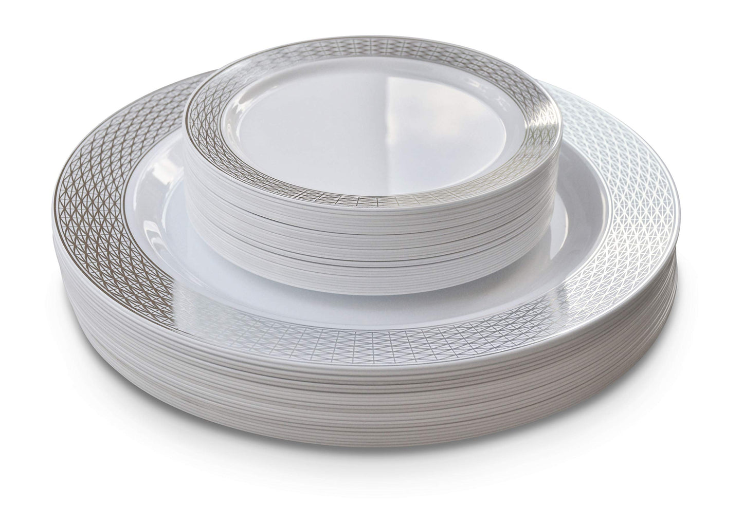 " OCCASIONS " 50 Plates Pack, Heavyweight Premium Disposable Plastic Plates Set (25 x 10.5'' Dinner + 25 x 6.25'' Cake plates) (Diamond in White