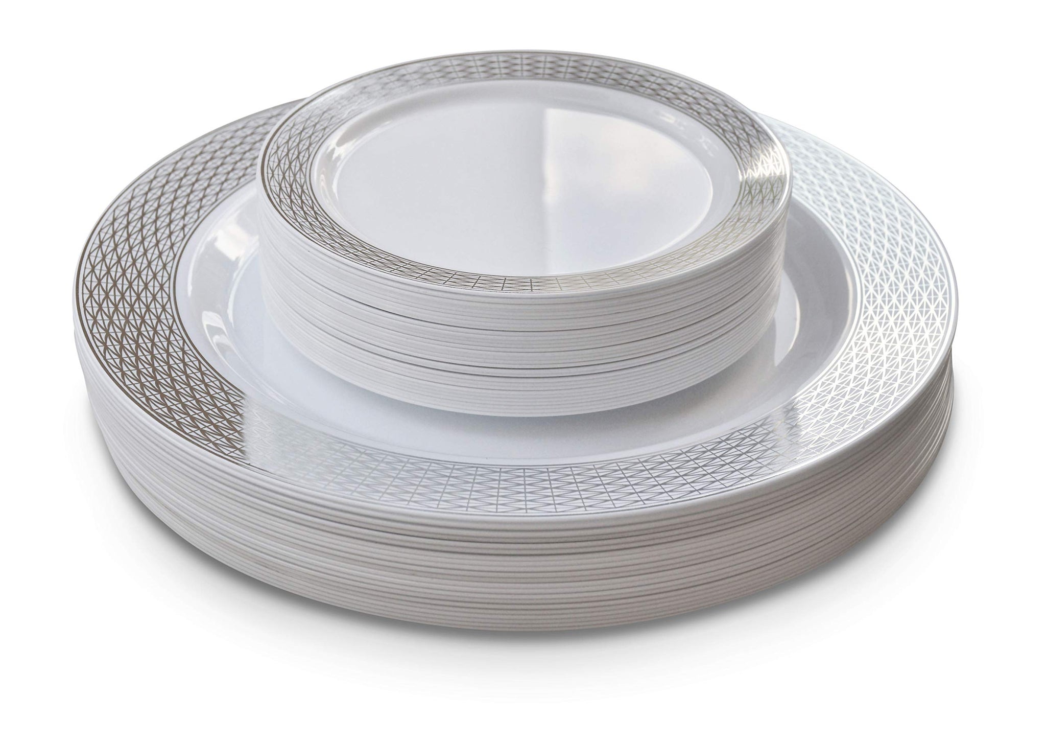 " OCCASIONS " 50 Plates Pack, Heavyweight Premium Disposable Plastic Plates Set (25 x 10.5'' Dinner + 25 x 6.25'' Cake plates) (Diamond in White