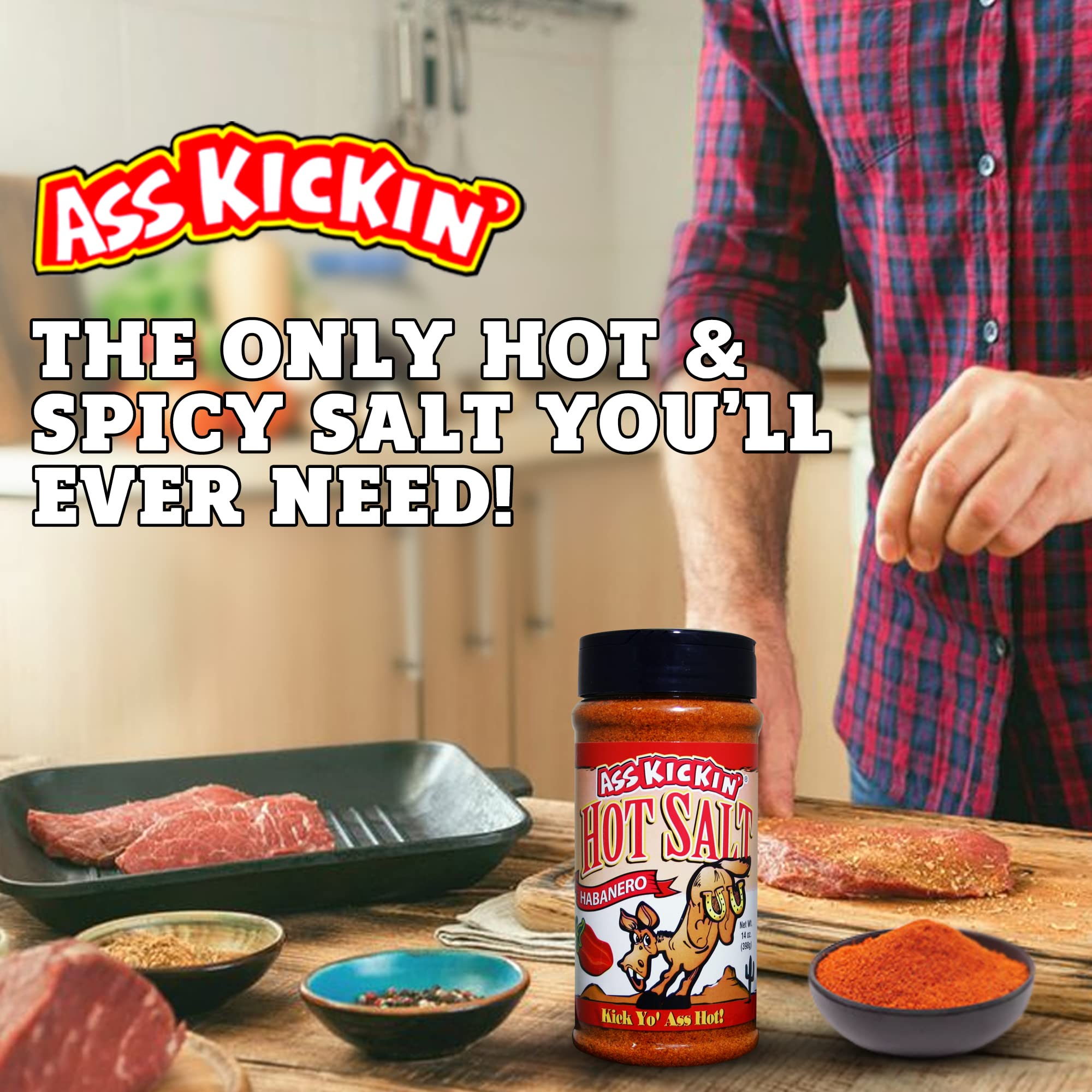 ASS KICKIN' Habanero Hot Spicy Salt - 14 oz. Shaker Jar - Perfect Flavored Salt for Popcorn Seasoning, Margarita Salt and French Fry Seasoning