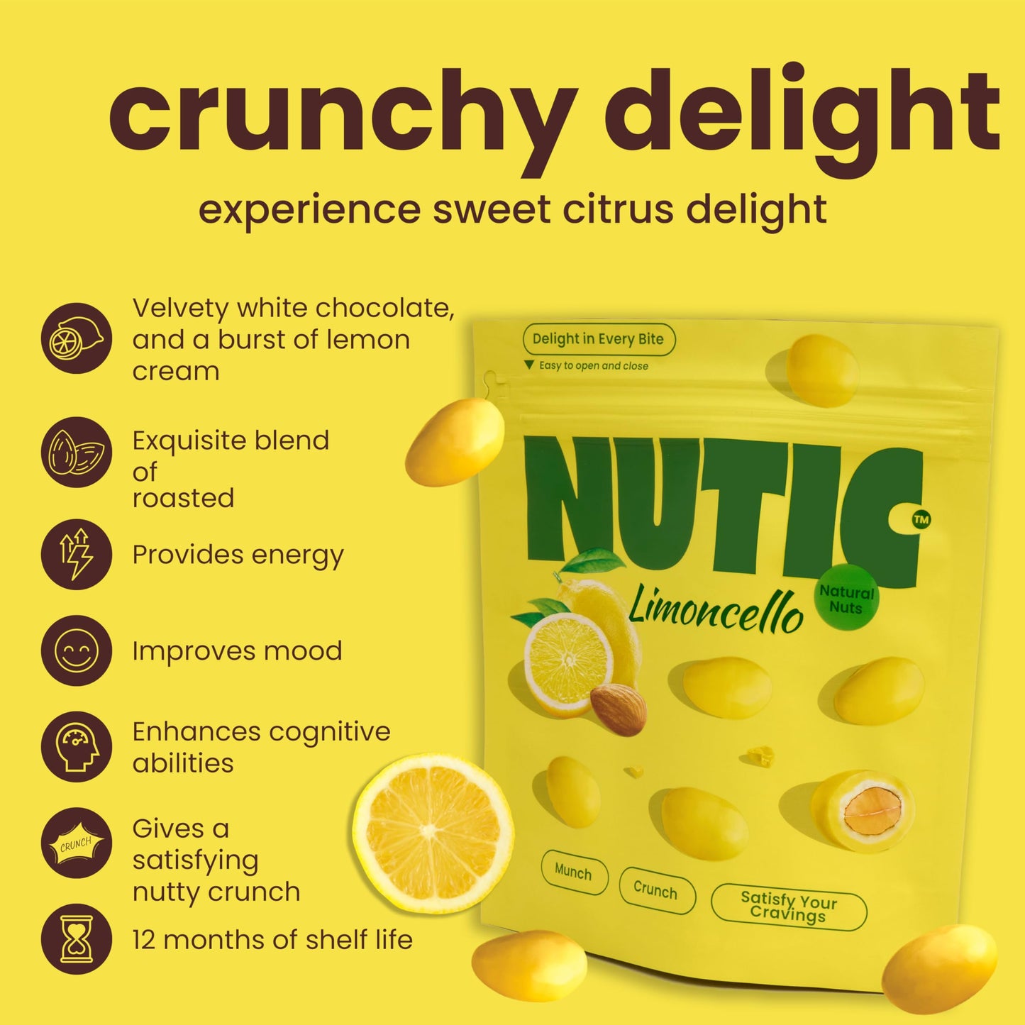 Nutic Lemoncello Chocolate Covered Almonds - 1 Lb. Roasted Almond in White Chocolate & Lemon Creme Candy. Citrus Bliss Flavors for Perfect Snacks
