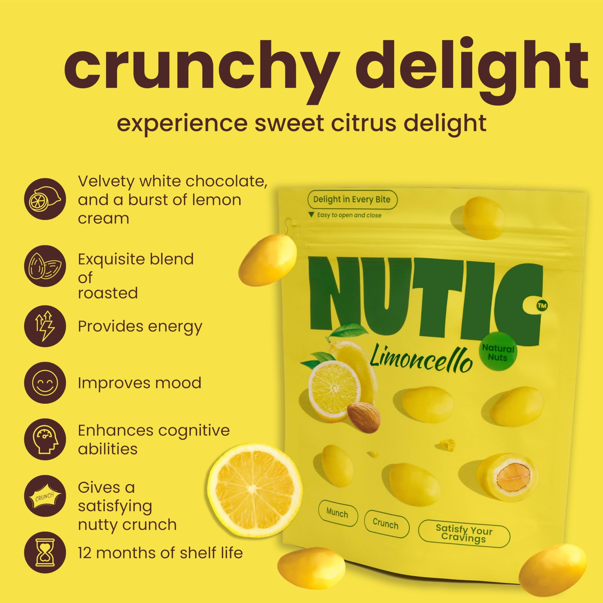 Nutic Lemoncello Chocolate Covered Almonds - 1 Lb. Roasted Almond in White Chocolate & Lemon Creme Candy. Citrus Bliss Flavors for Perfect Snacks