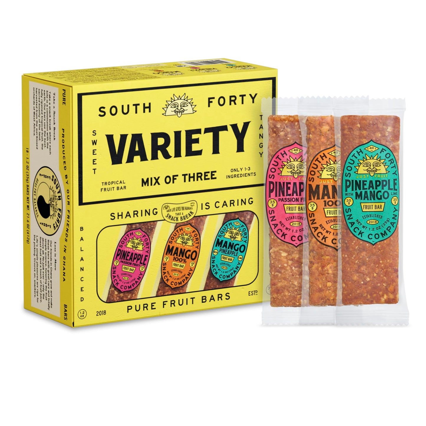 South 40 Snacks Premium Tropical Fruit Bars Mix of 3 Variety Pack, Just 1-3 ingredients, Mango, Pineapple Passionfruit, and Pineapple Mango Lime (35g
